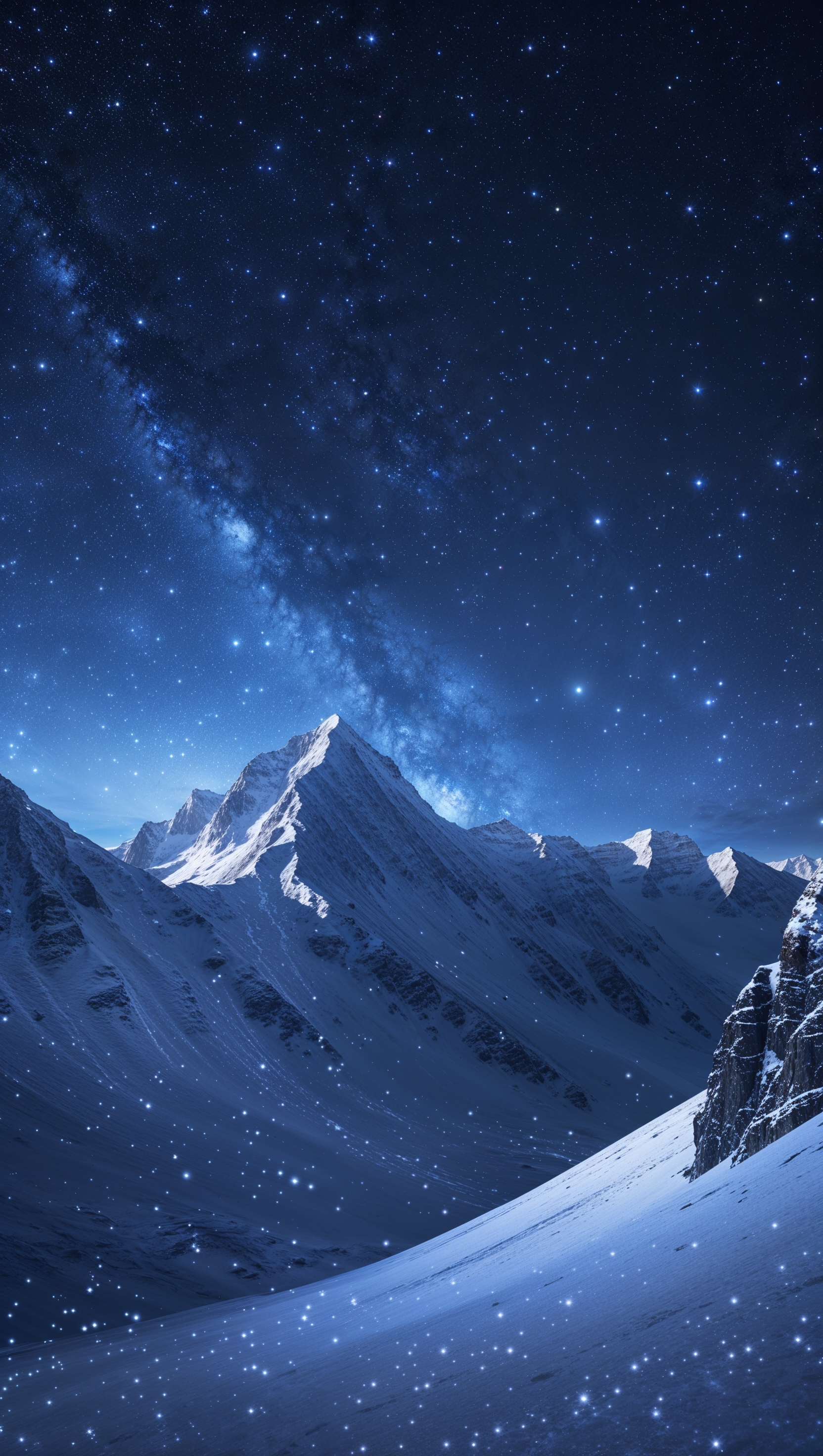 Snowy mountain peaks under a starry night sky, 4K resolution