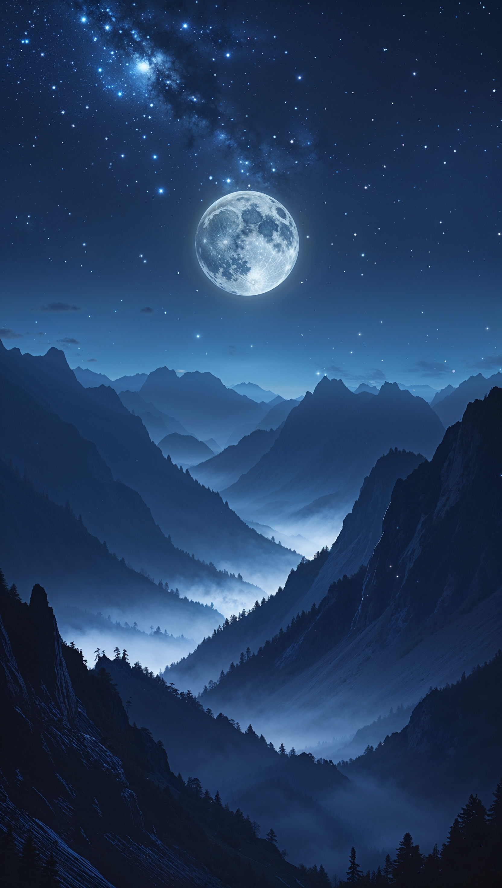 Nighttime mountain landscape with glowing stars and moonlight