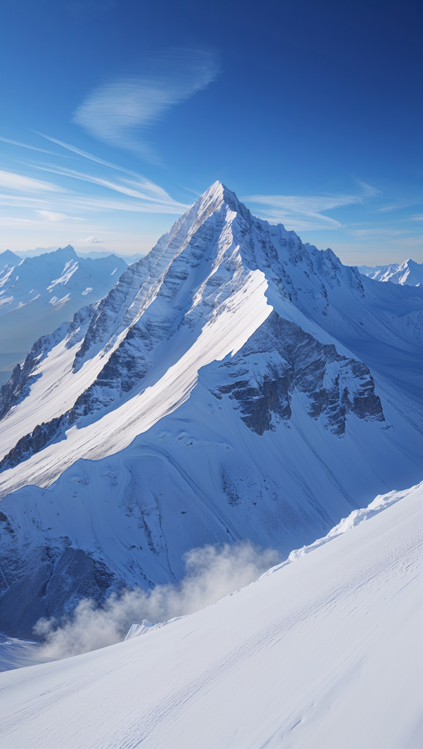 High alpine mountain scene with snow and blue sky