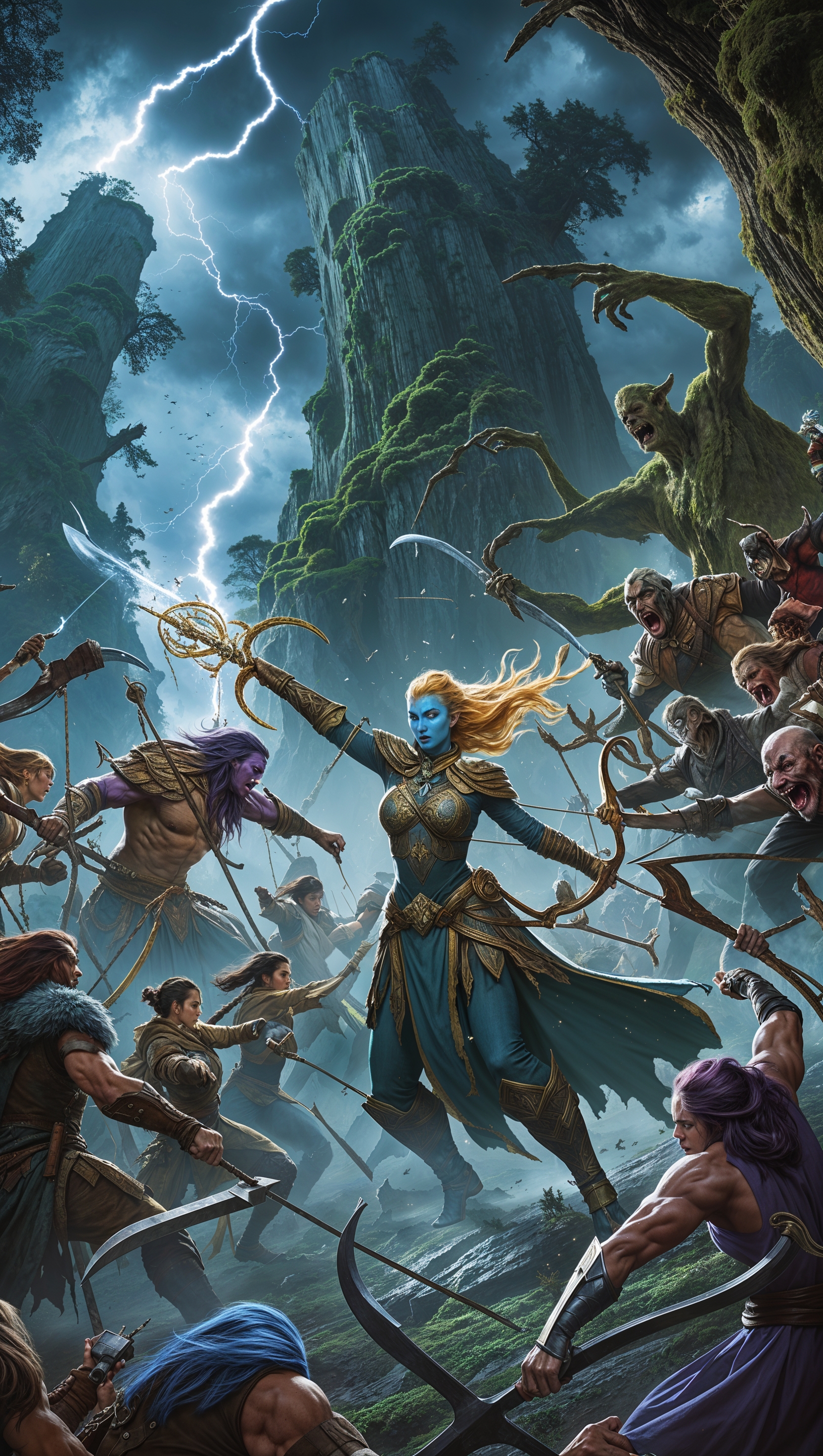 Create an image of an epic battle between heroes and villains in a fantasy world