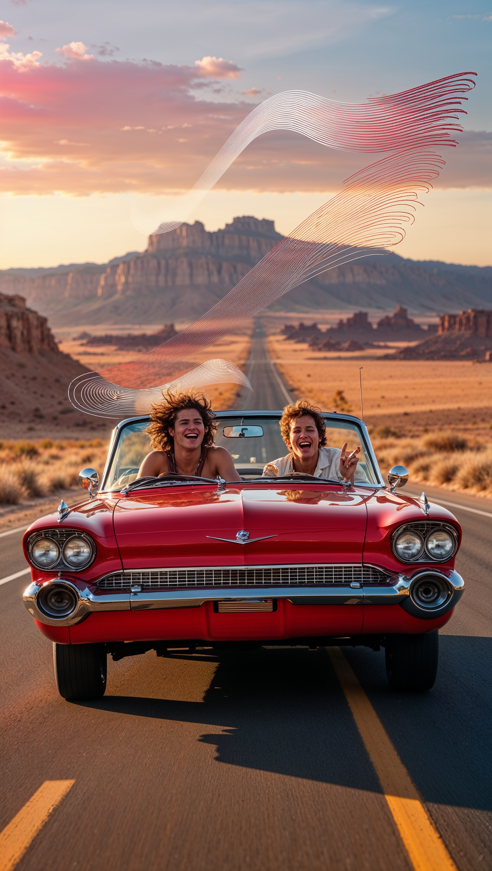 Design a wallpaper from an exciting scene in a road movie