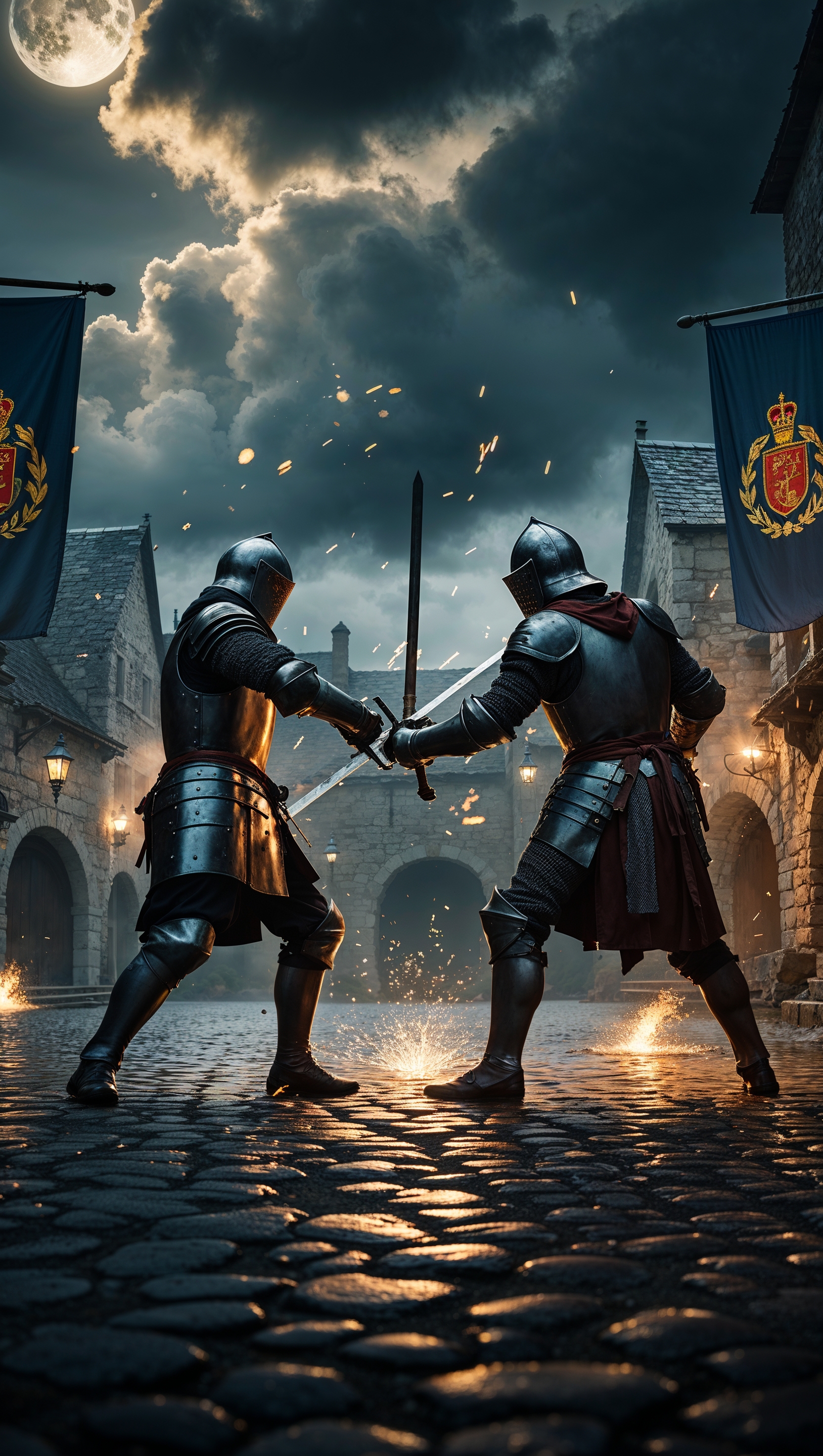 Design a cinematic wallpaper of a sword fight in medieval times
