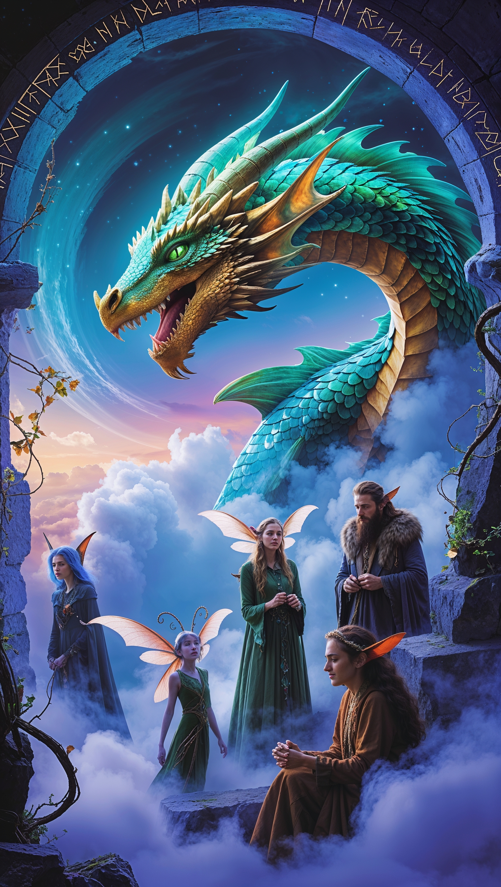 Design a fantasy movie-inspired wallpaper with mythical creatures