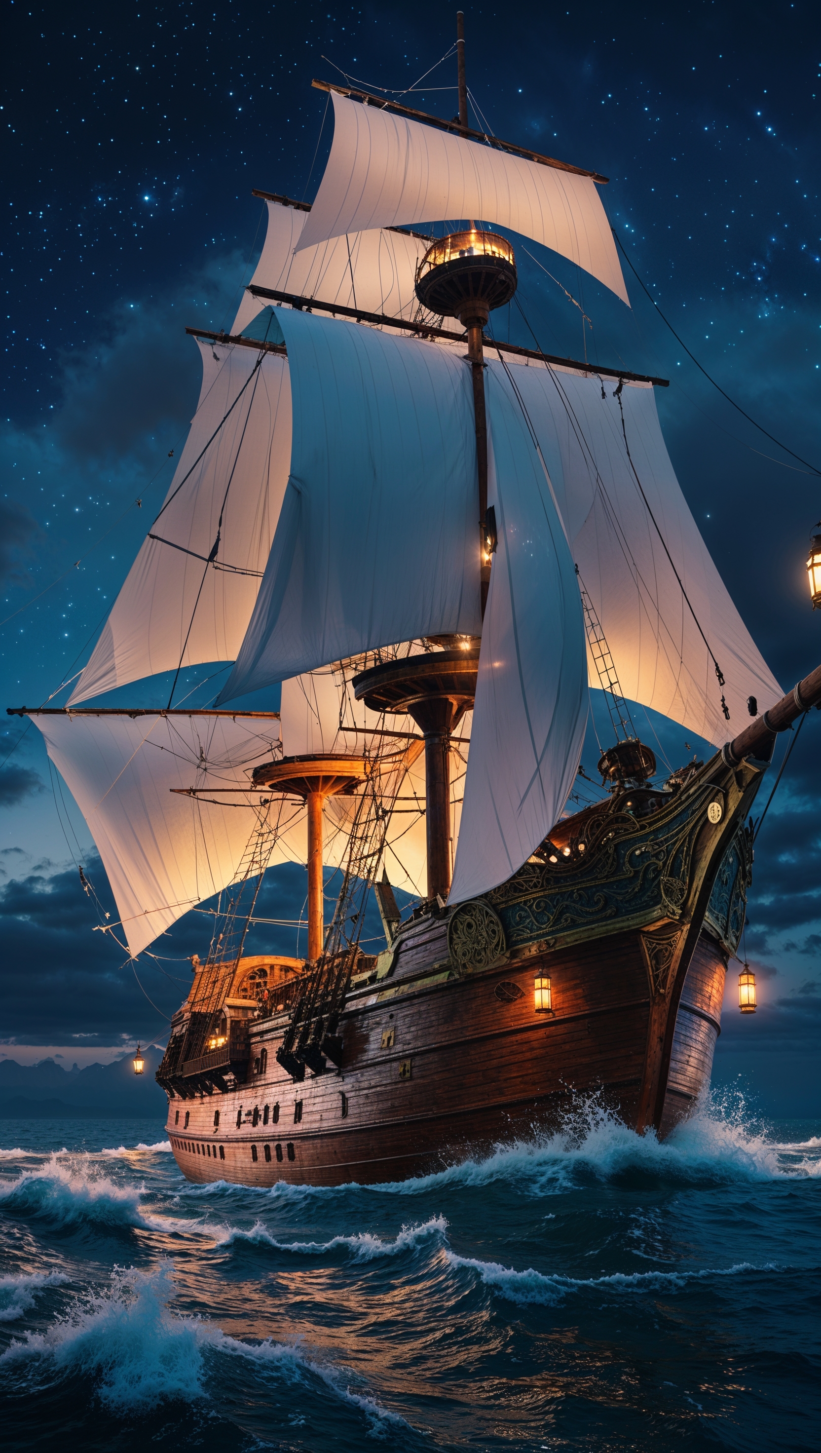 Design a cinematic wallpaper of a ship at sea at night