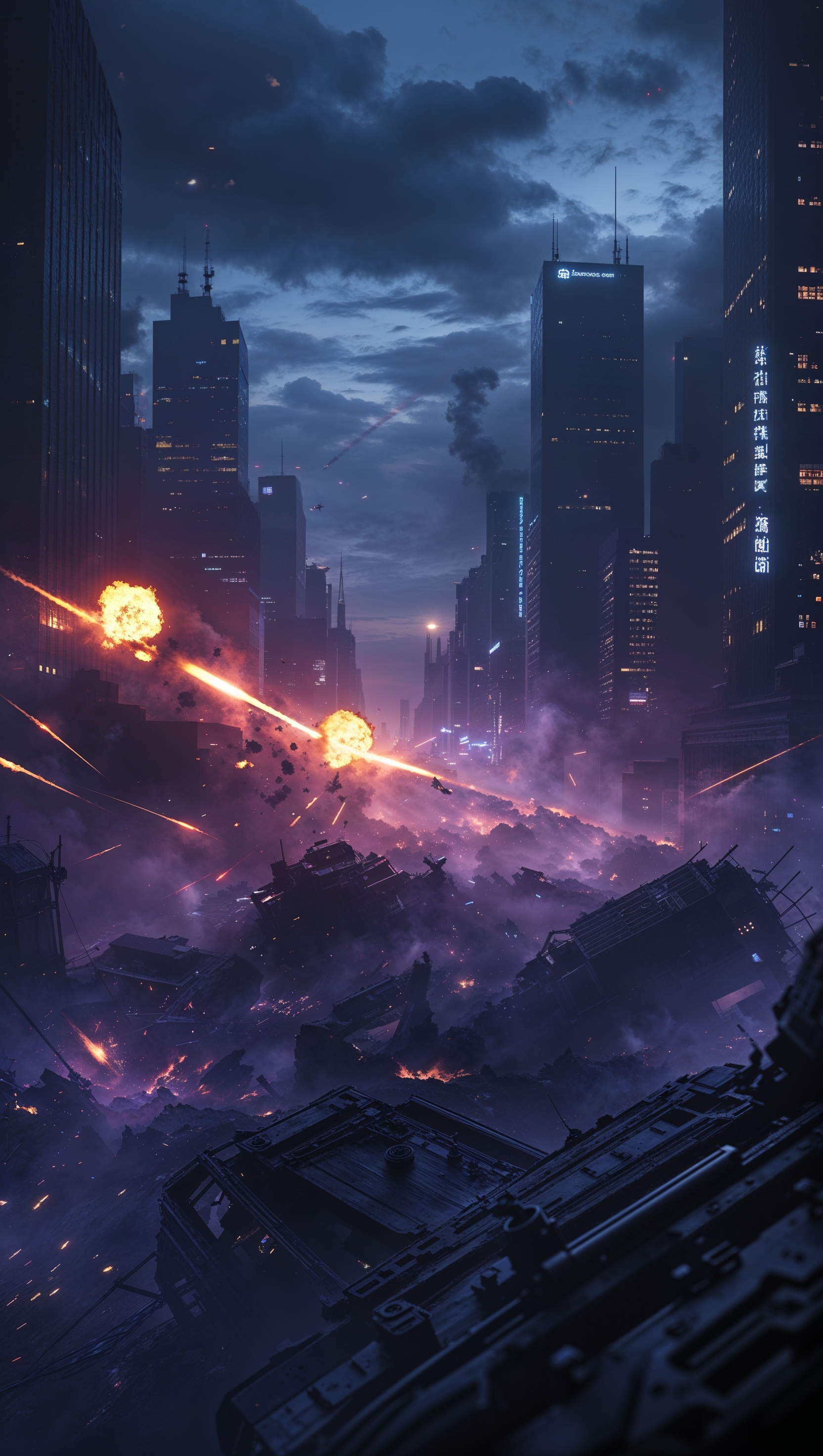 Create a cinematic wallpaper with dark colors and lighting effects from action scenes