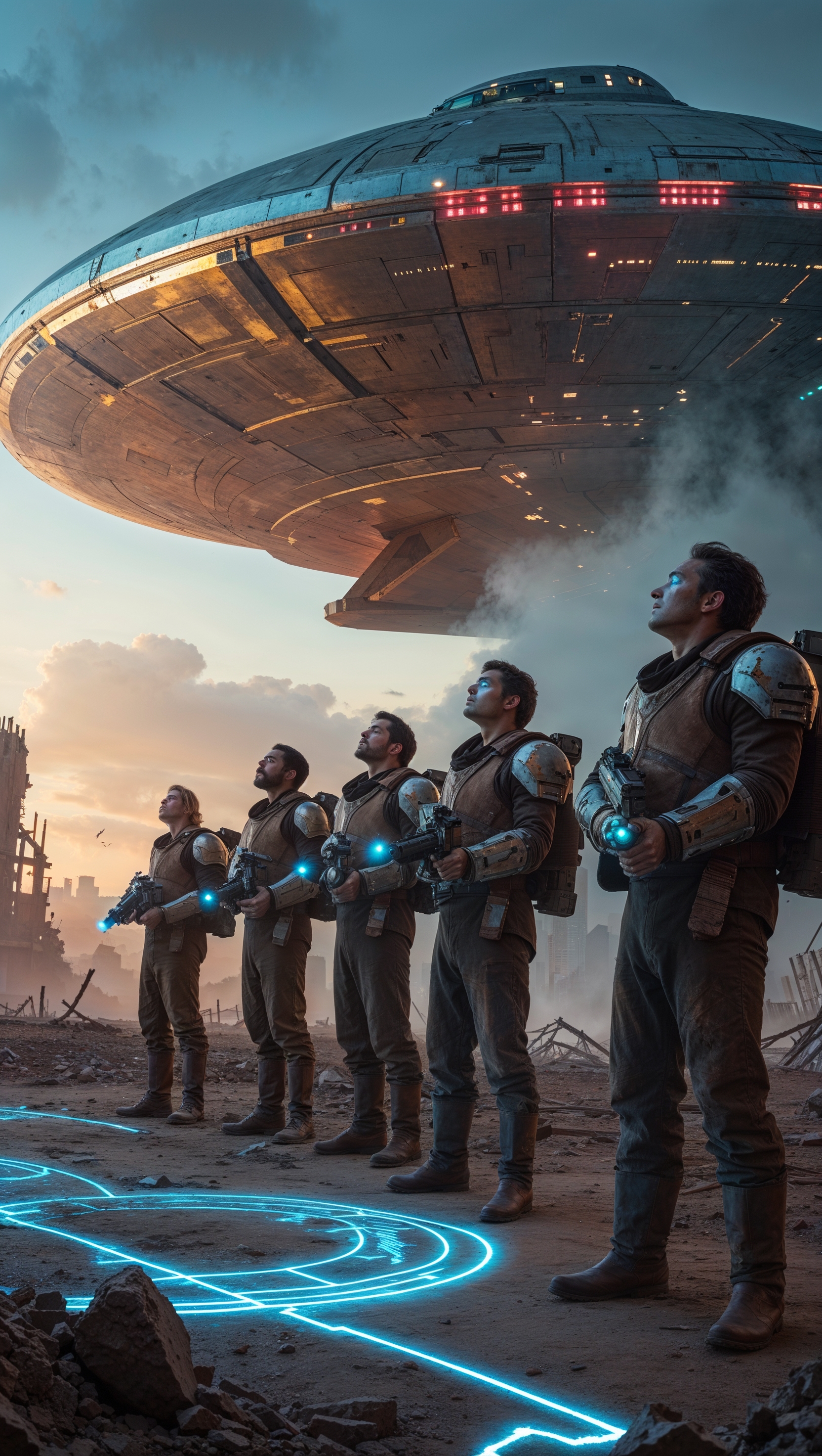 Create an image of an exciting scene in a sci-fi movie set outdoors