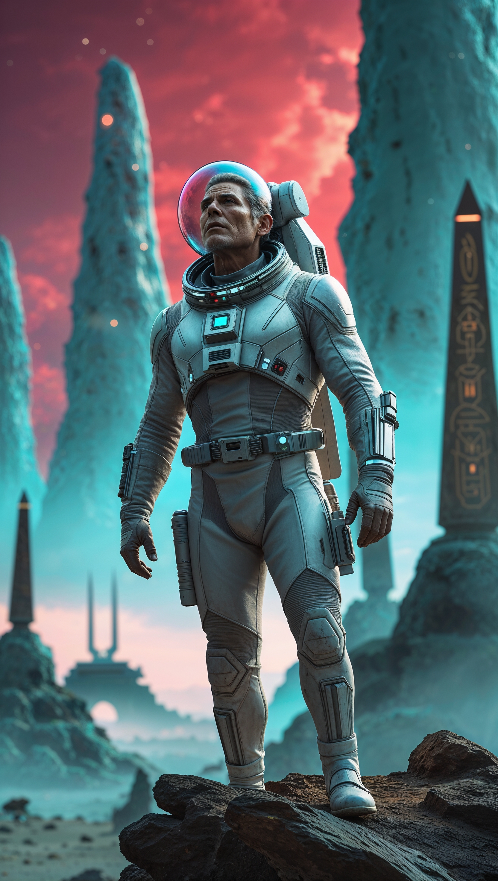 Create an image of a space explorer on an unknown planet
