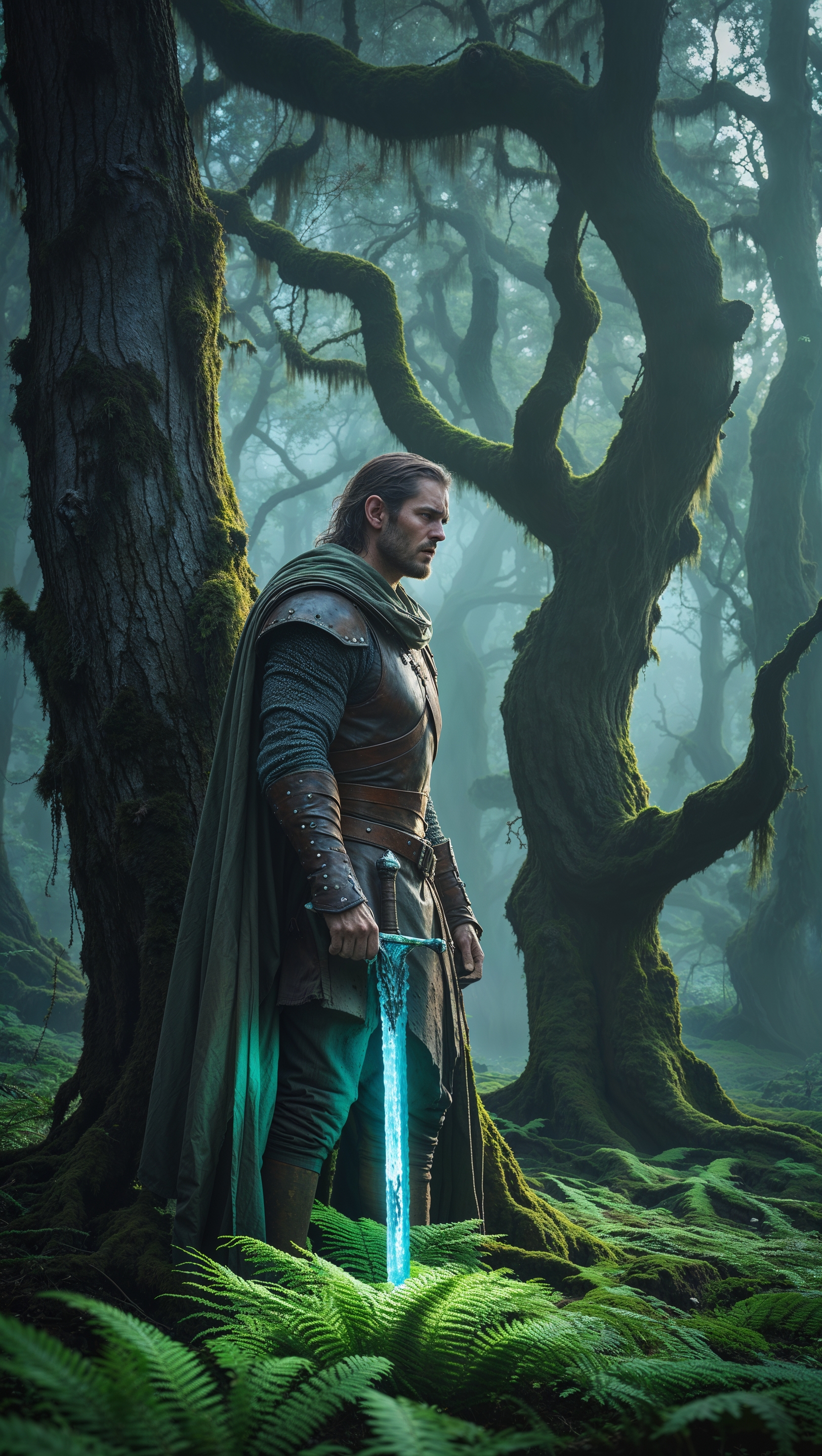 Create an image of a lone hero in the heart of a forest in a fantasy movie