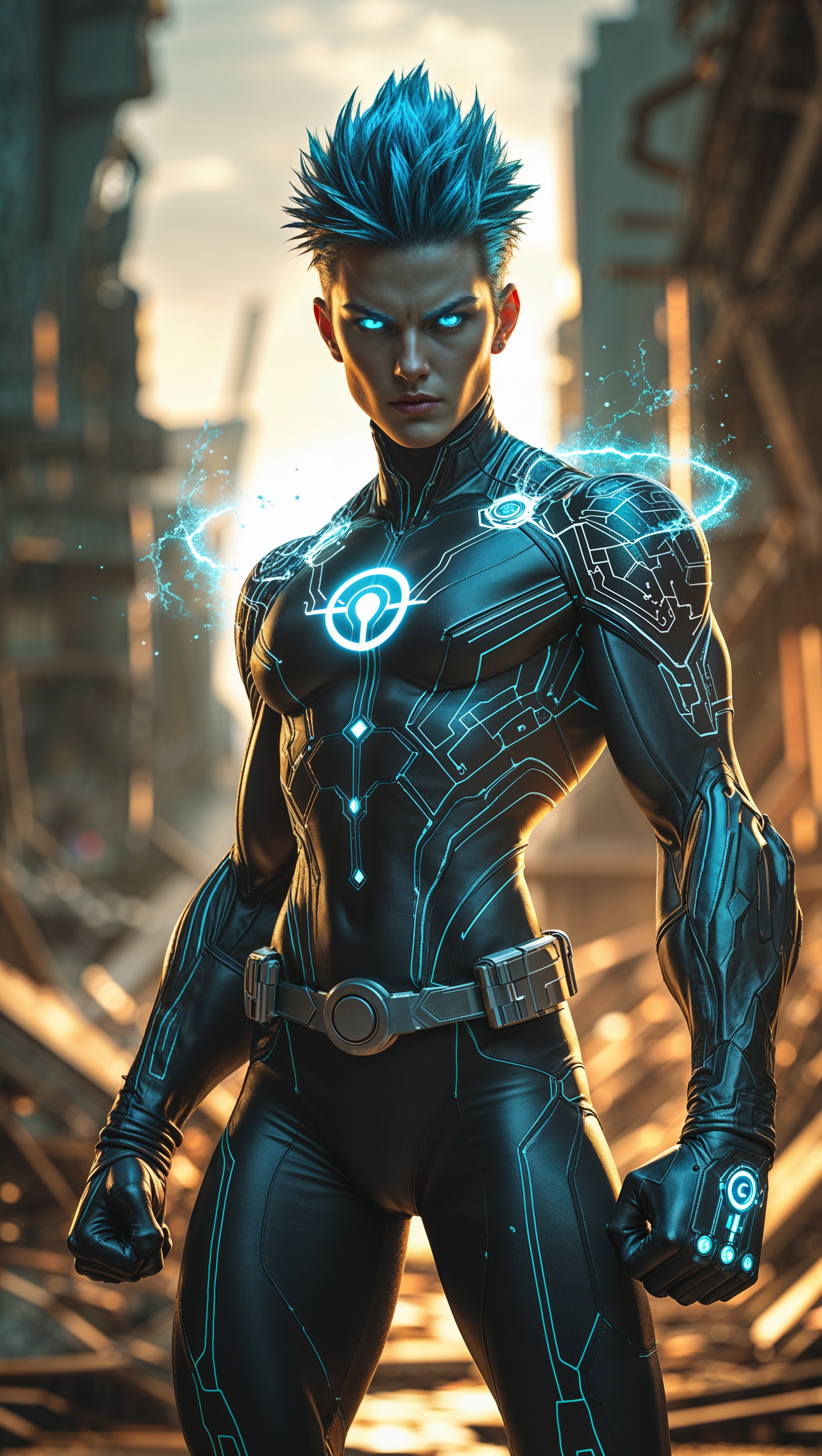 Create an image of a hero with supernatural powers in a science fiction movie