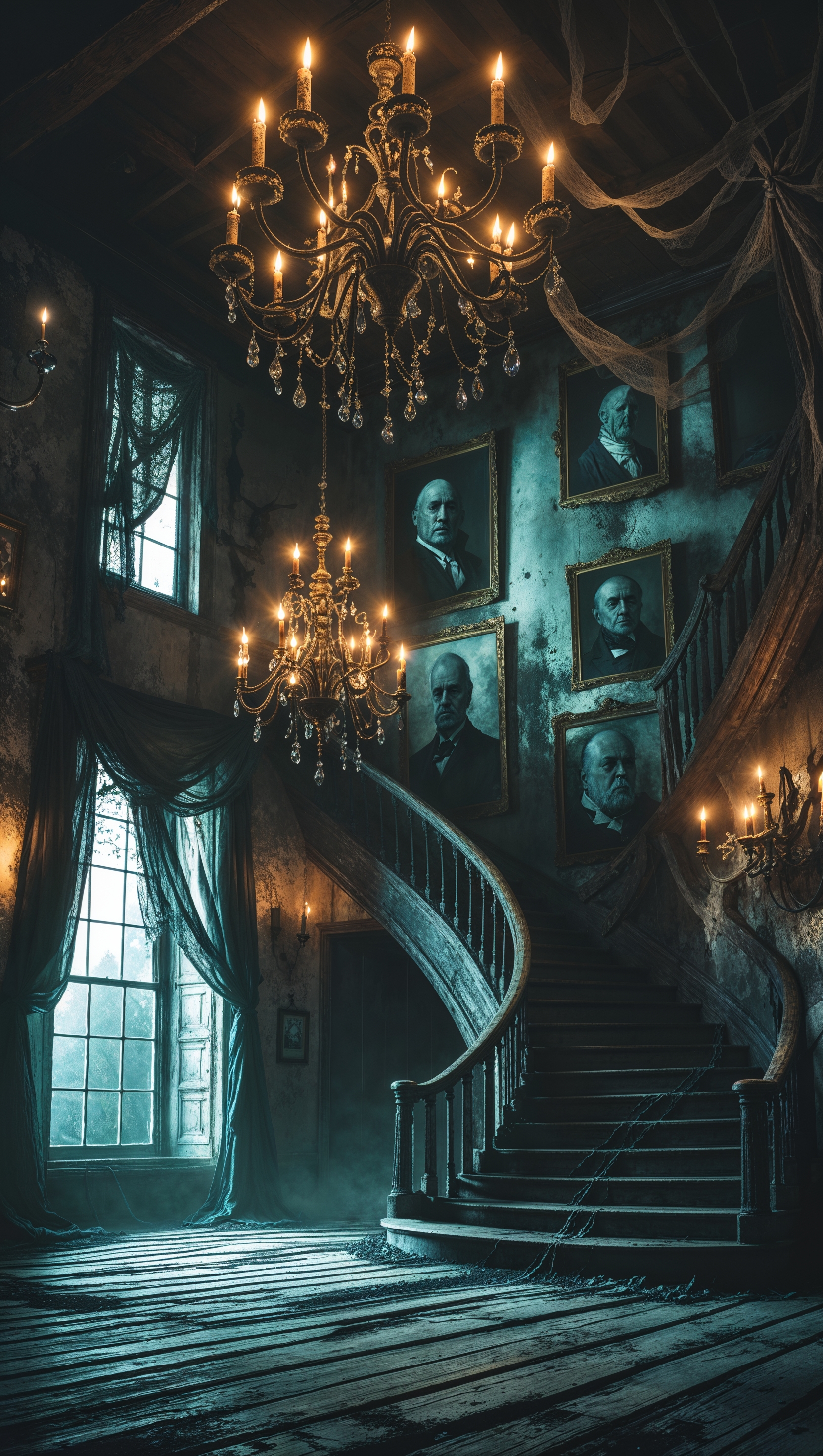 Create an image of a scary scene in an old house