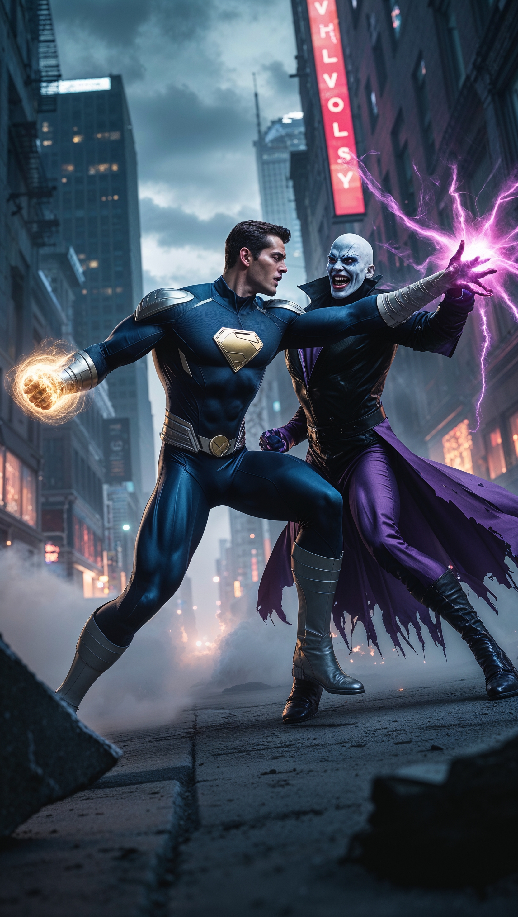 Create an image of a hero fighting a supervillain in a superhero movie
