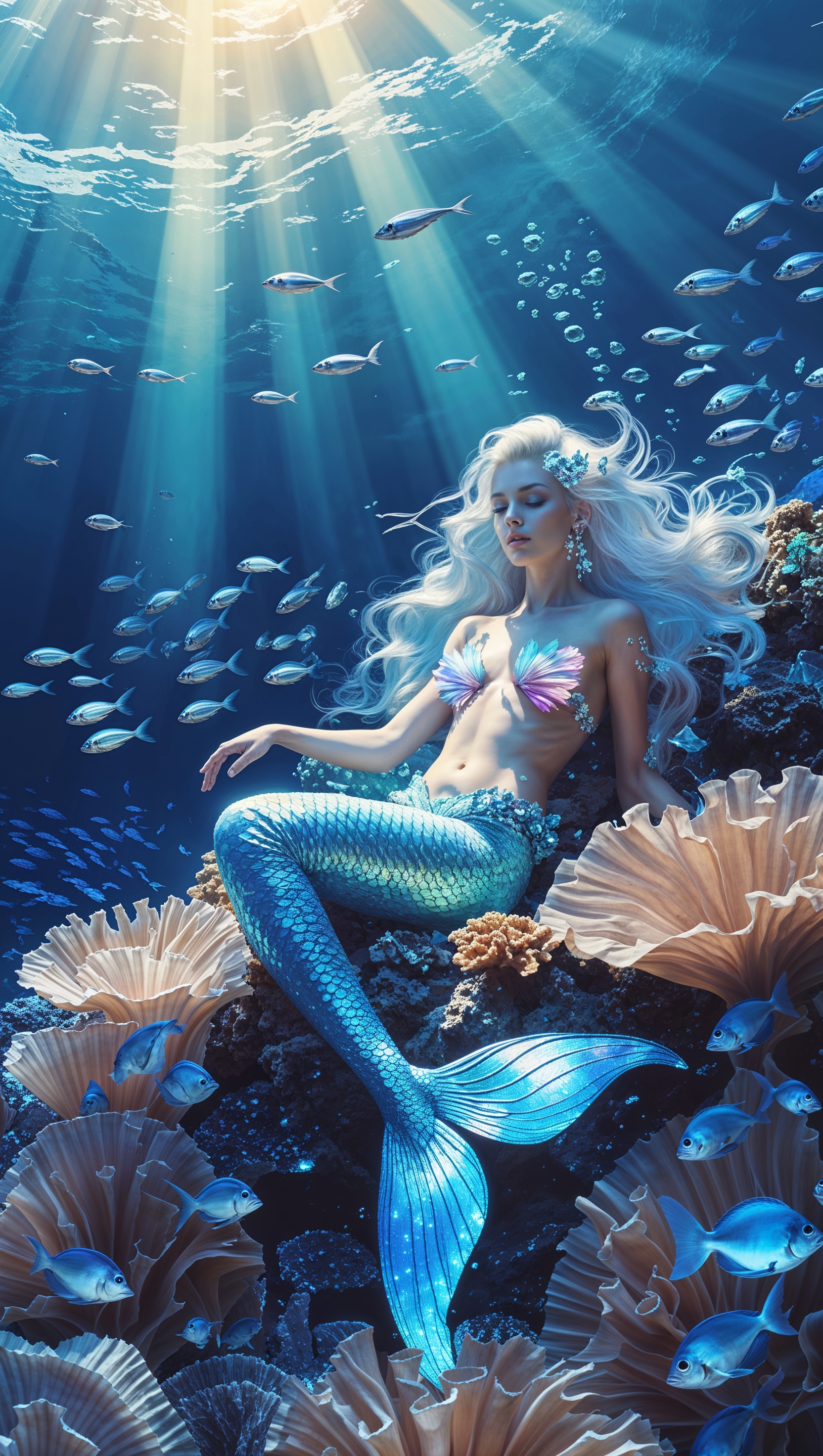 Design a cinematic wallpaper of a mythical creature under the sea