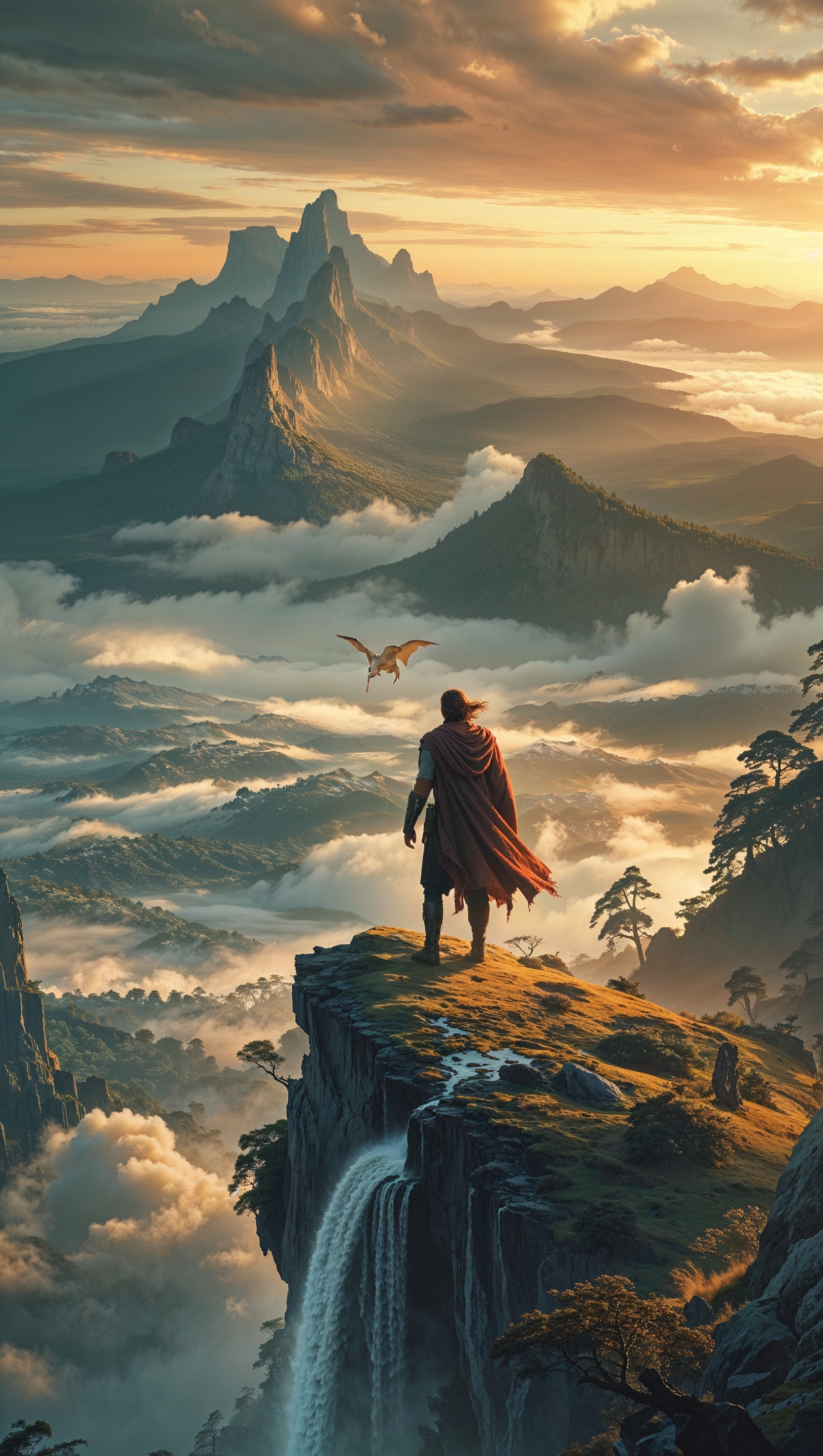 Design a cinematic wallpaper of an epic journey in an open world