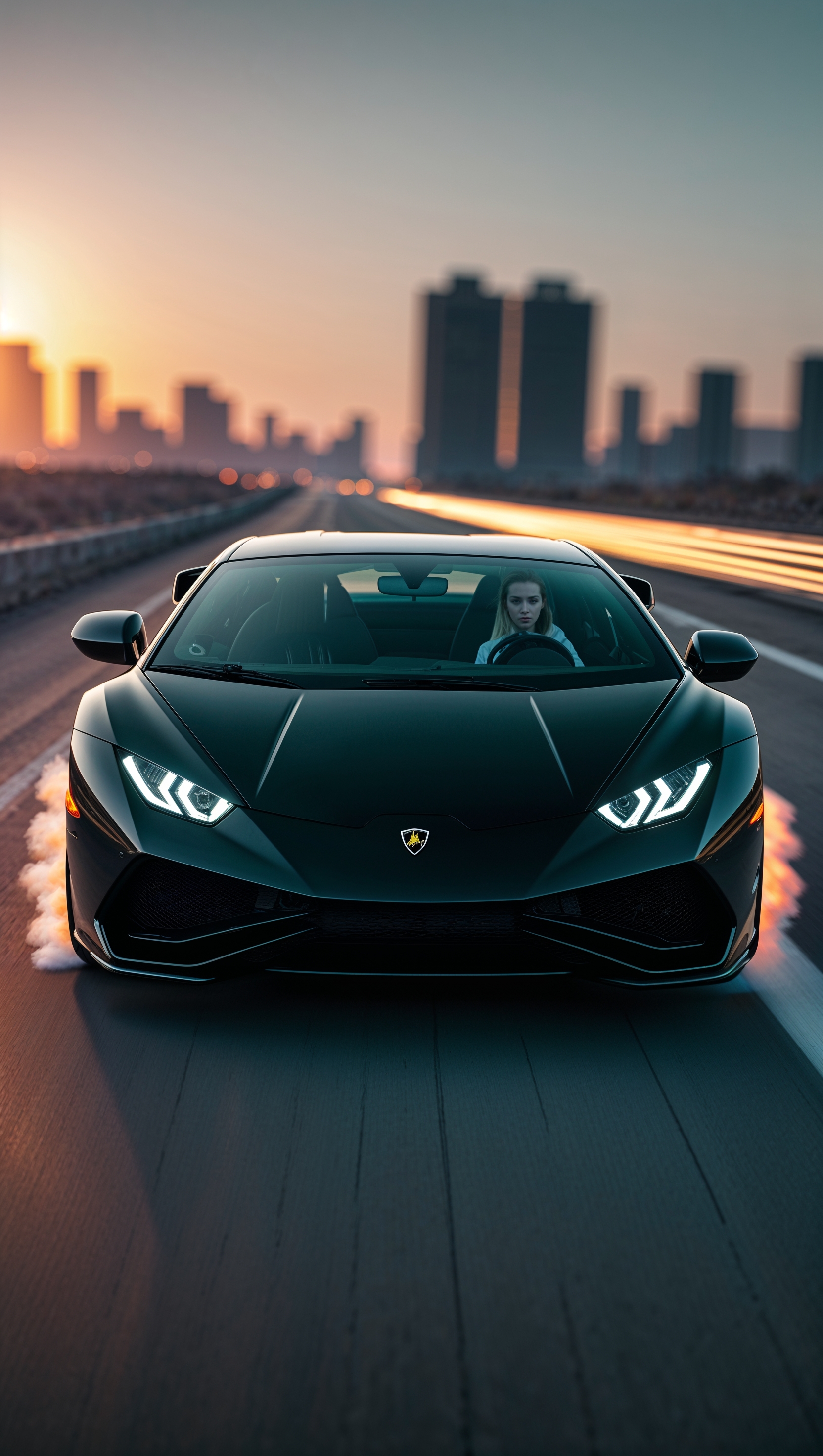 Create an image of a car in a high-speed action movie