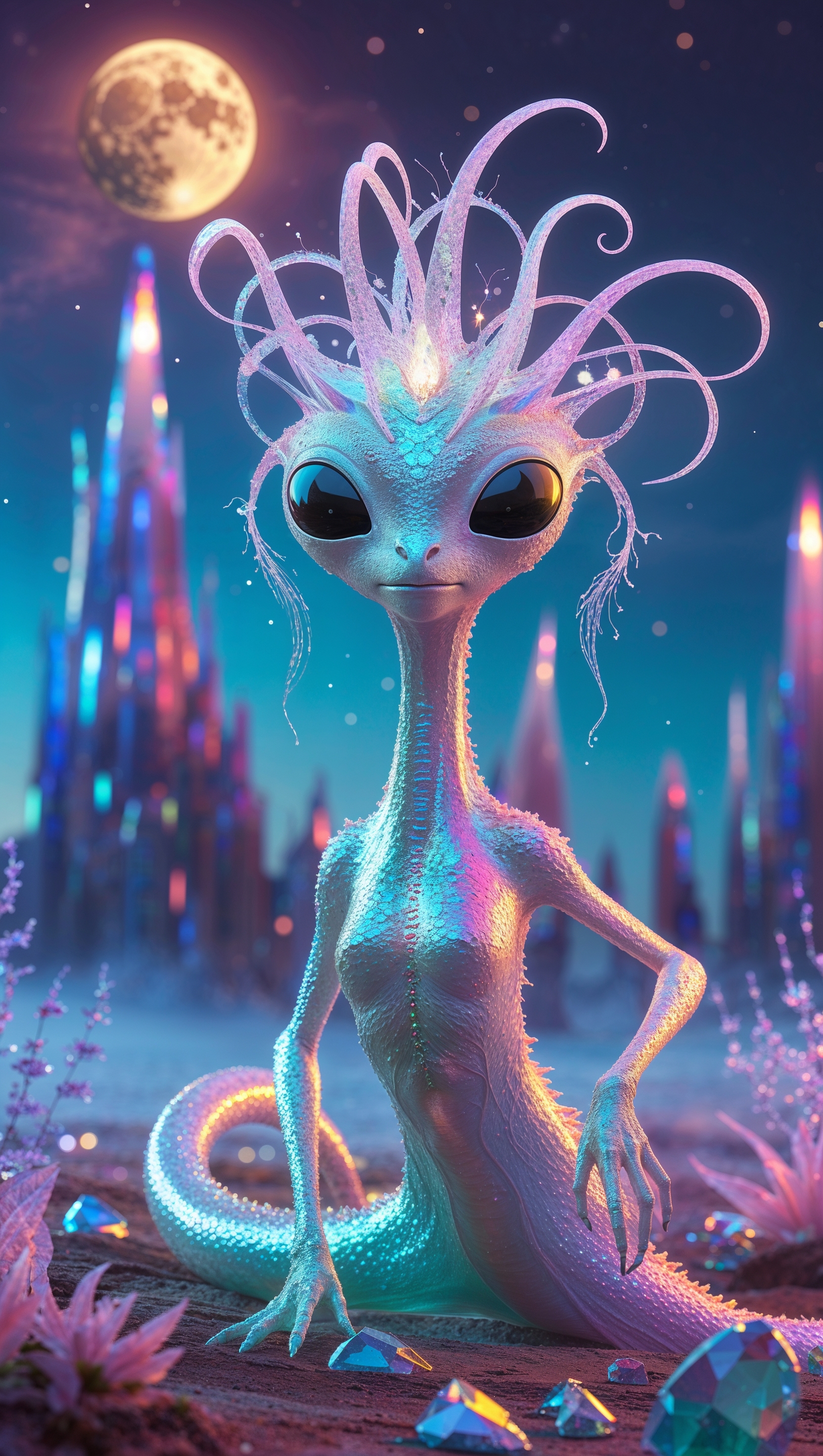 Design a wallpaper of an alien creature in an extraterrestrial world