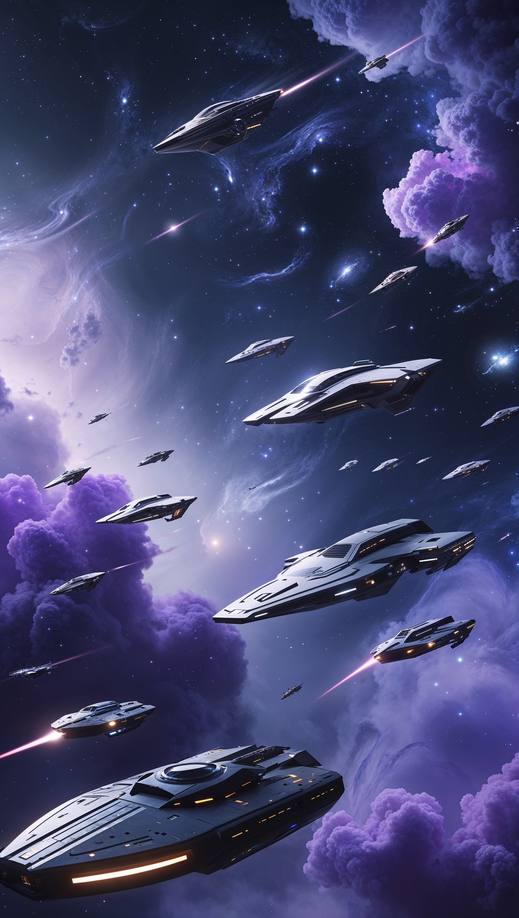 Create a wallpaper of a scene suspended in space with spaceships