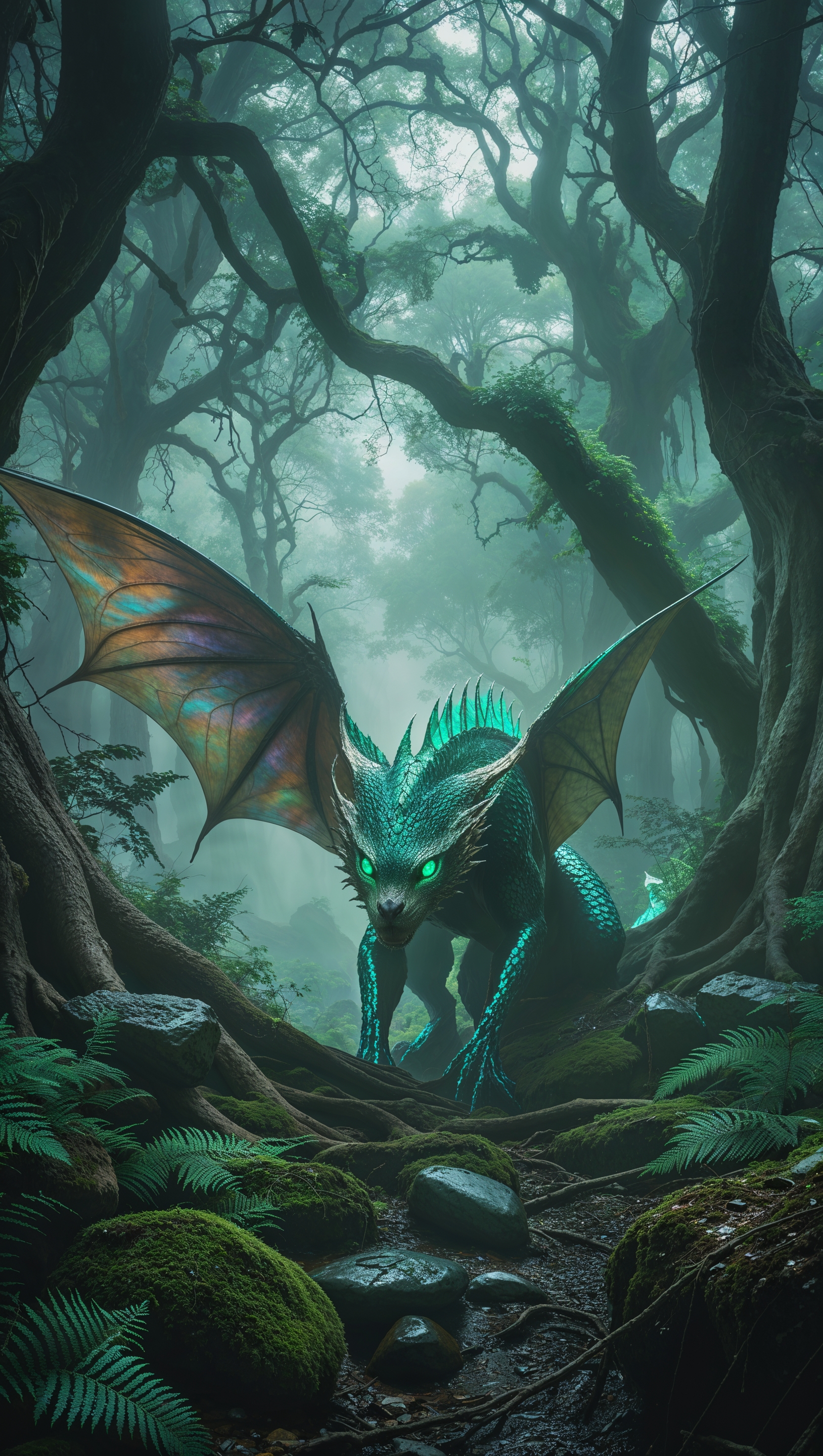 Create an image of a mythical creature hidden in the forest