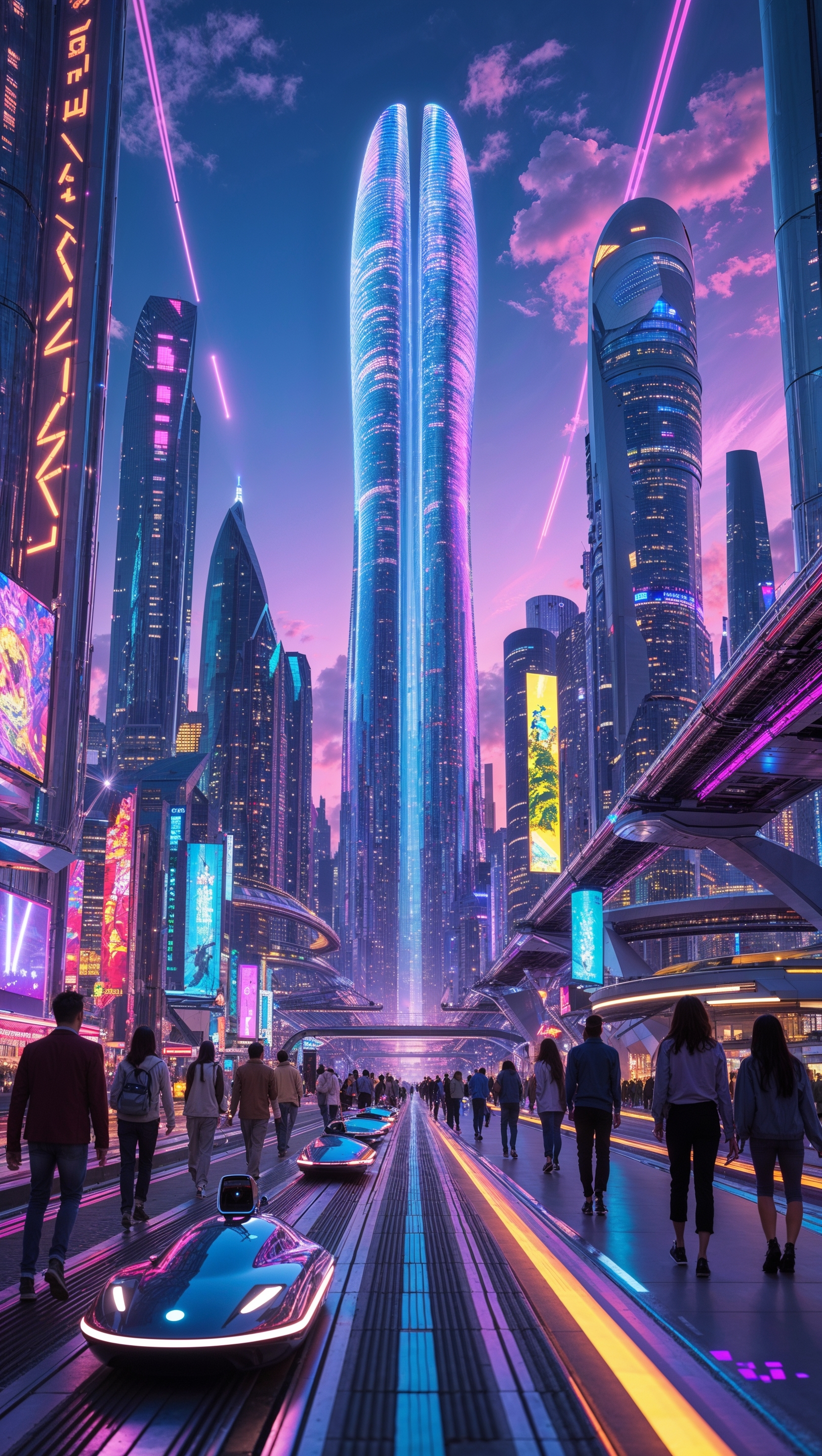 Create an image of a futuristic city with tall buildings and advanced technology