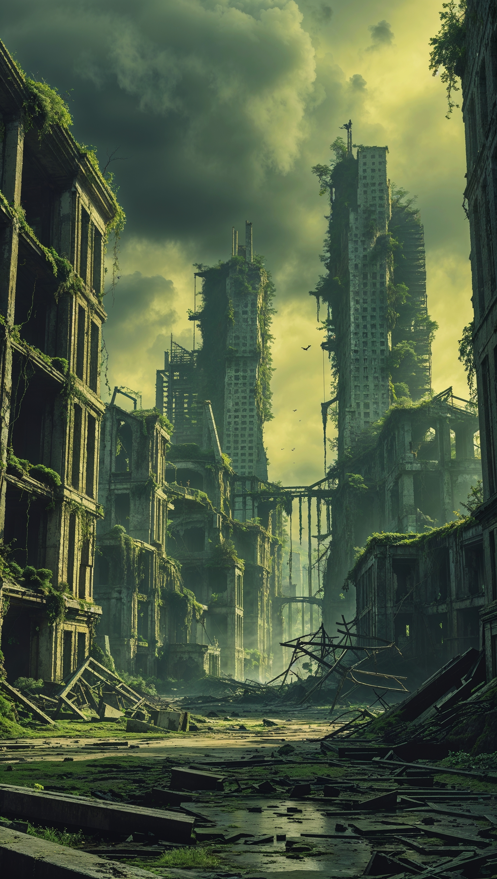Create an image of a post-apocalyptic world with massive ruins