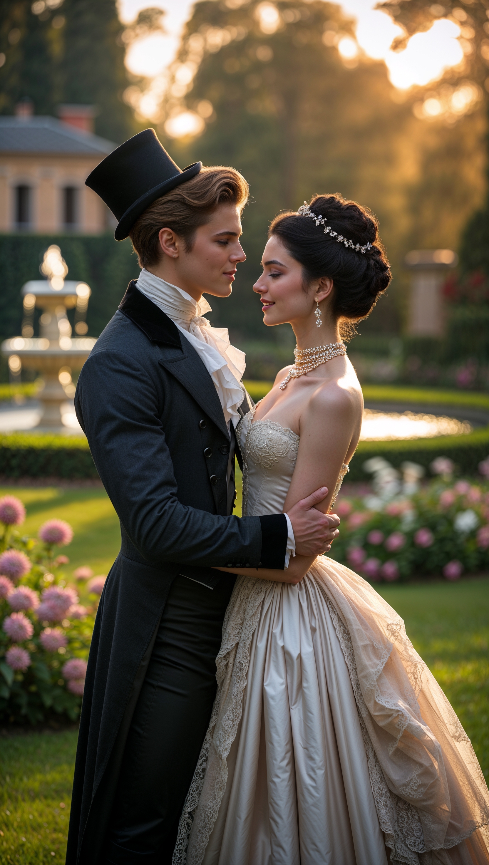 Create an image of a romantic scene from a historical movie