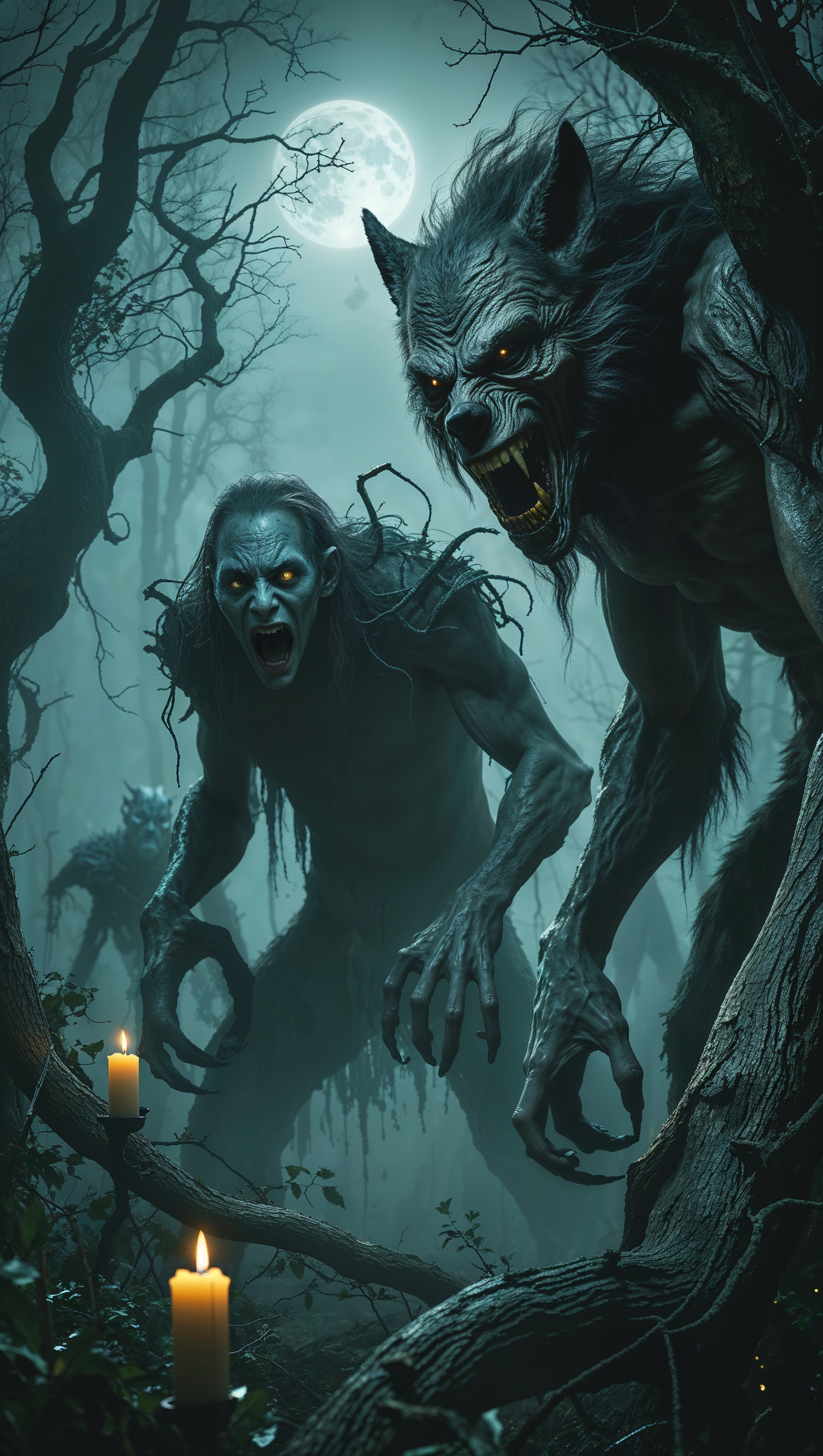 Design a horror movie-inspired wallpaper with strange creatures