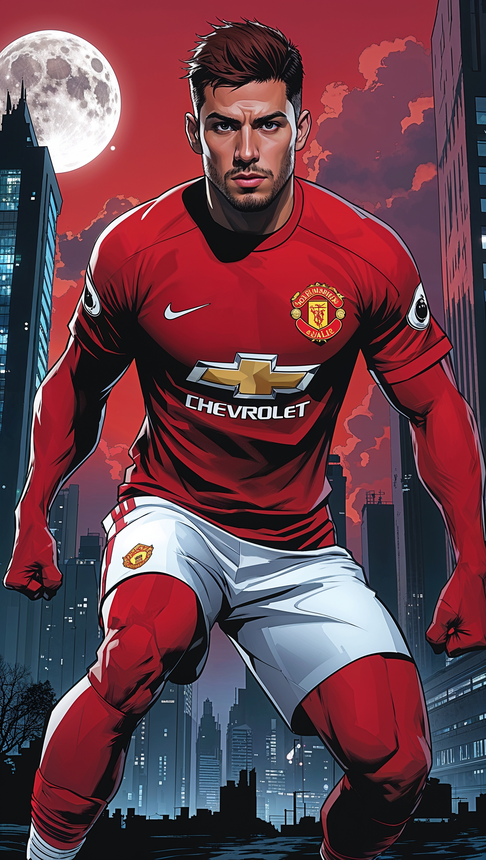 Marcus Rashford in superhero style wearing MUFC kit