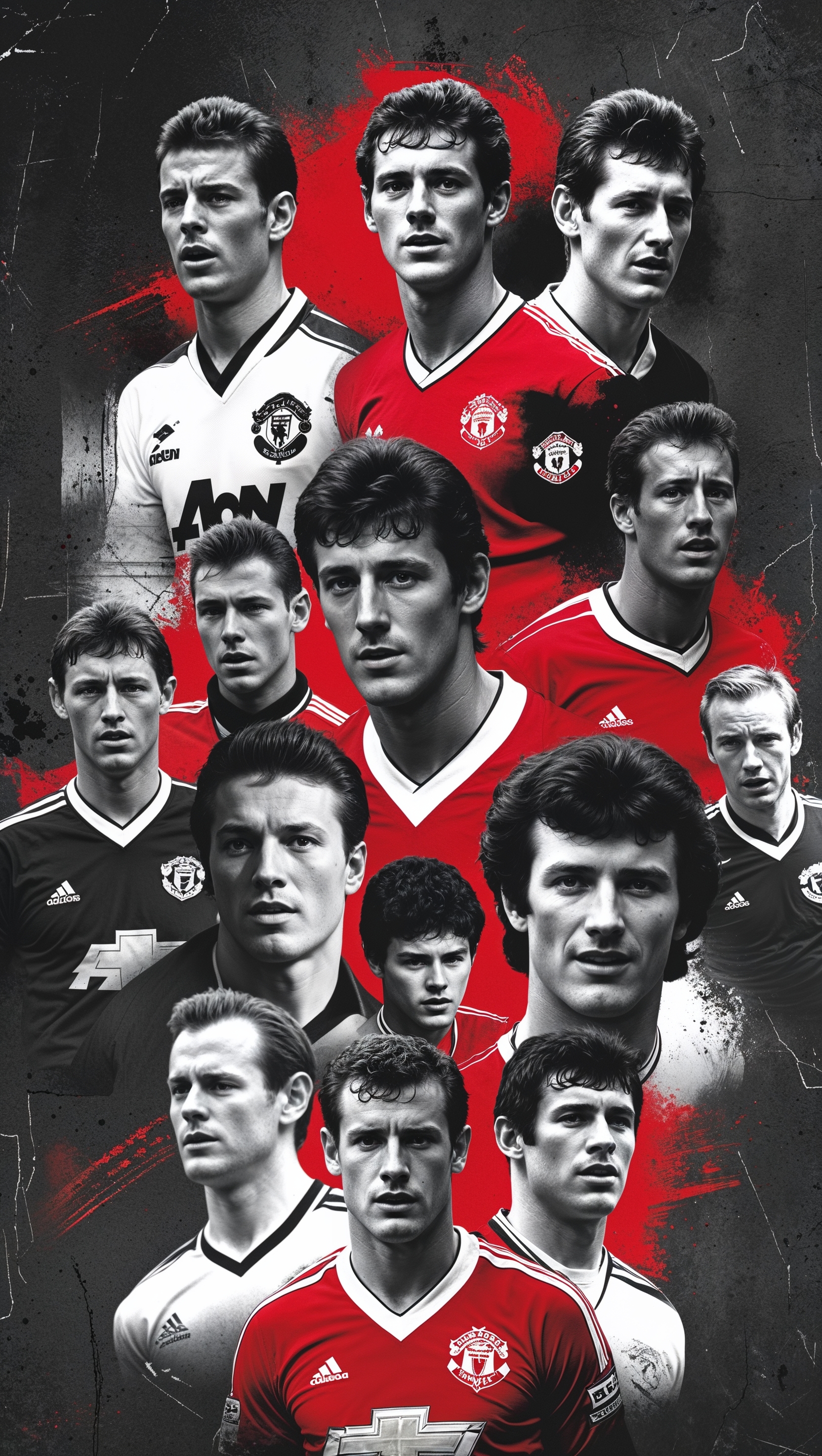 Collage of MUFC legends, black and white with red highlights