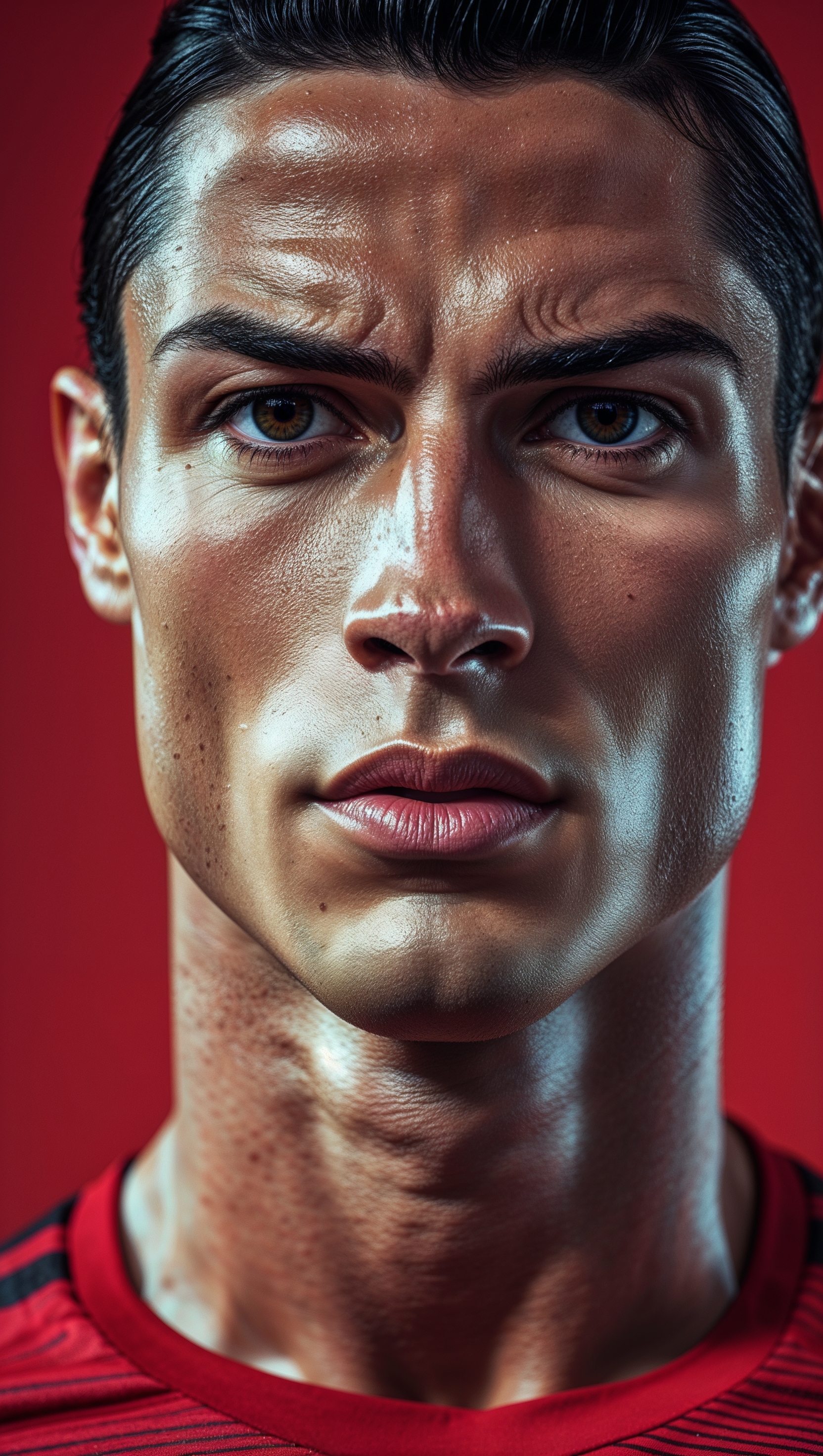 Cristiano Ronaldo in MUFC jersey, glowing effect, iPhone wallpaper