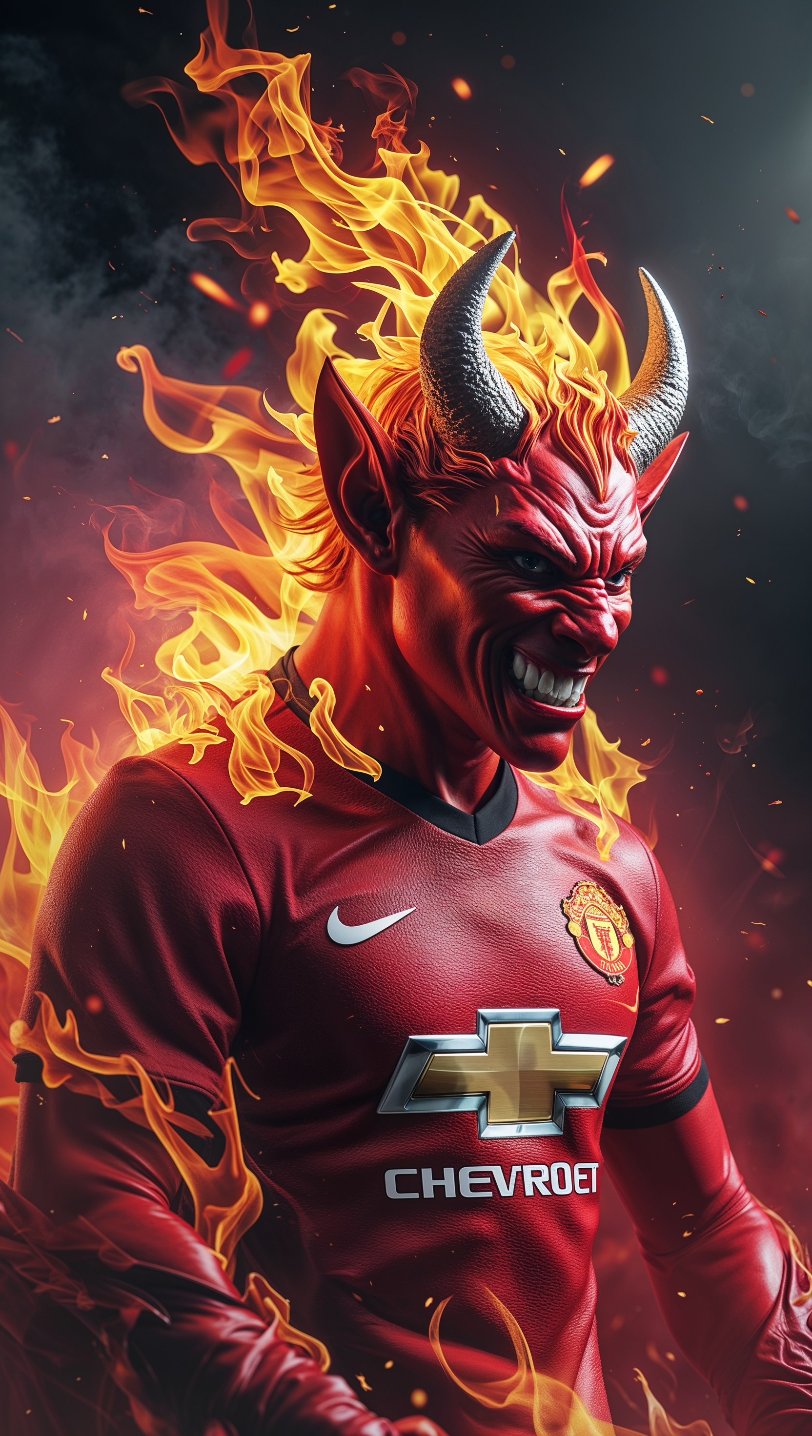 Devil mascot of MUFC in flames, high detail