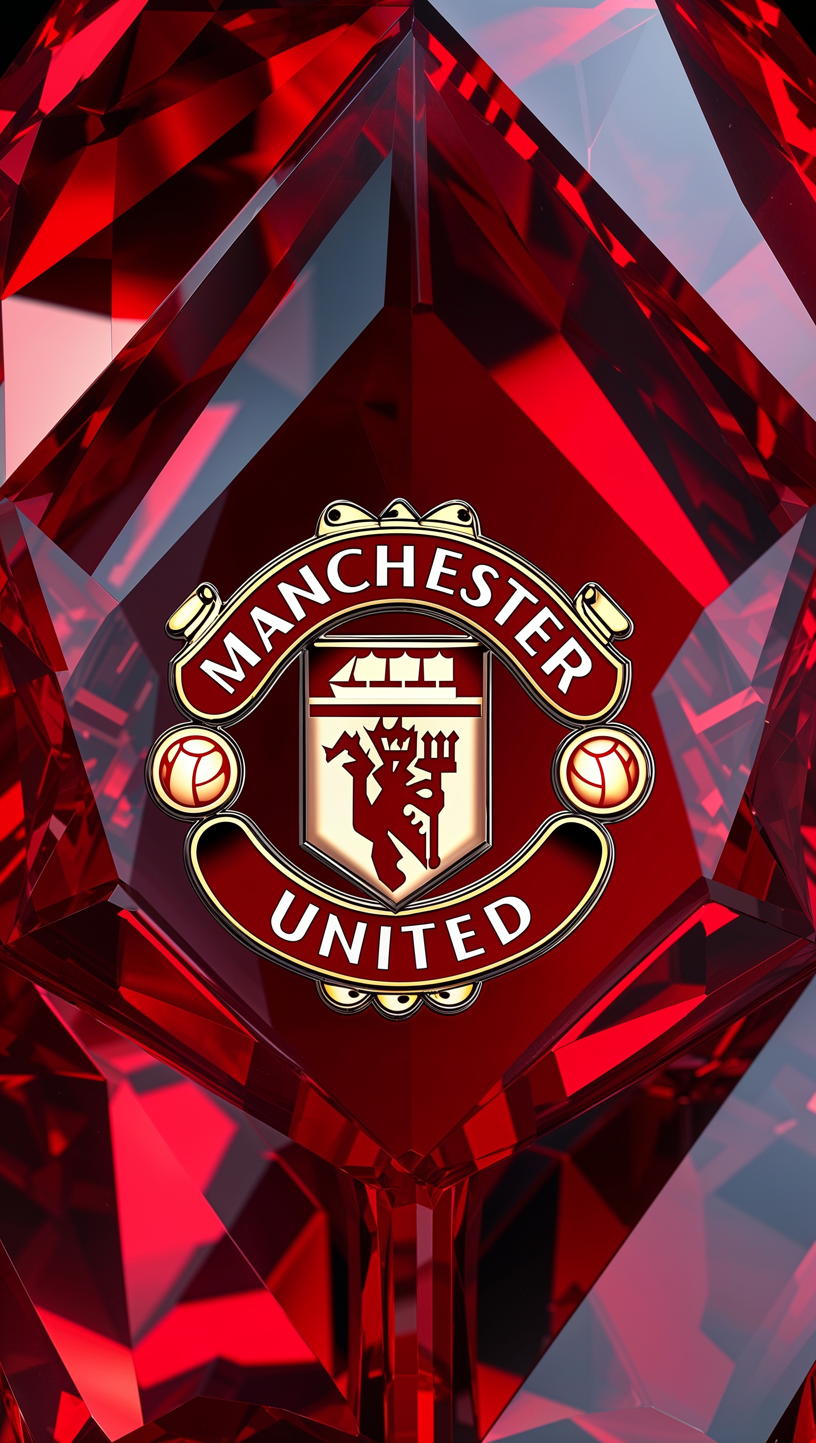 MUFC logo inside a red crystal with reflections