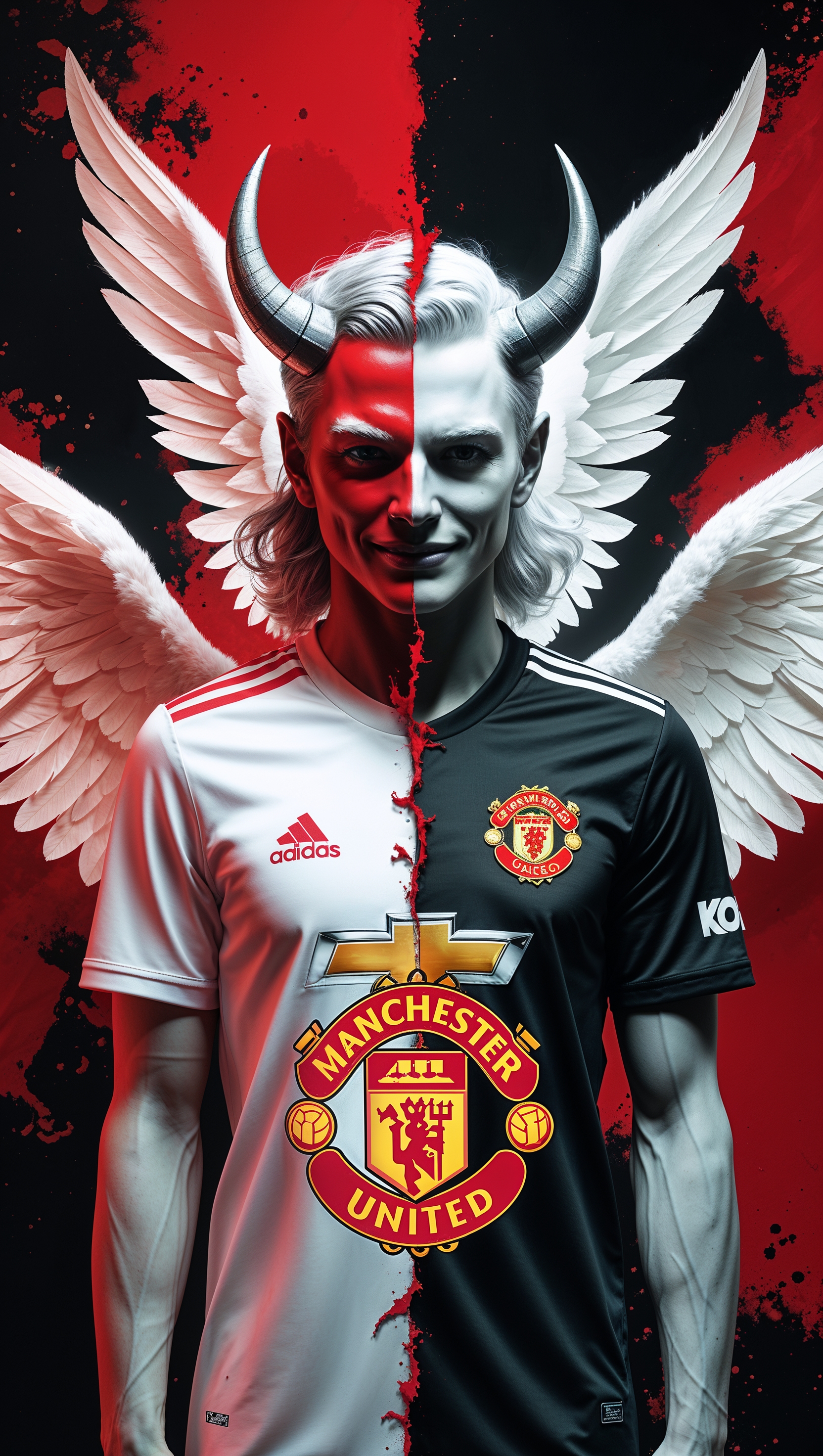 Angel and devil version of MUFC, split design wallpaper
