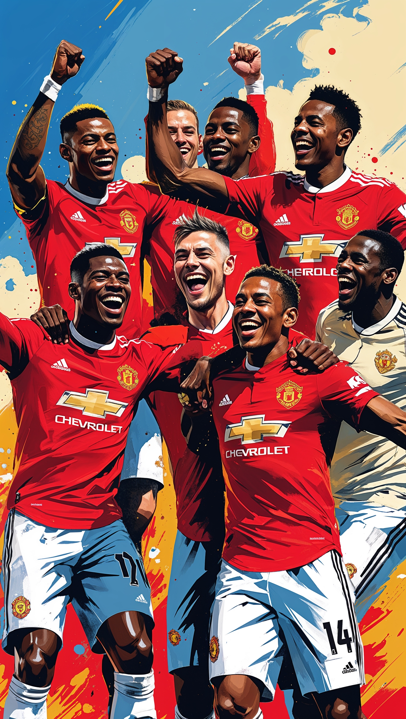 MUFC players celebrating a goal, splash art style