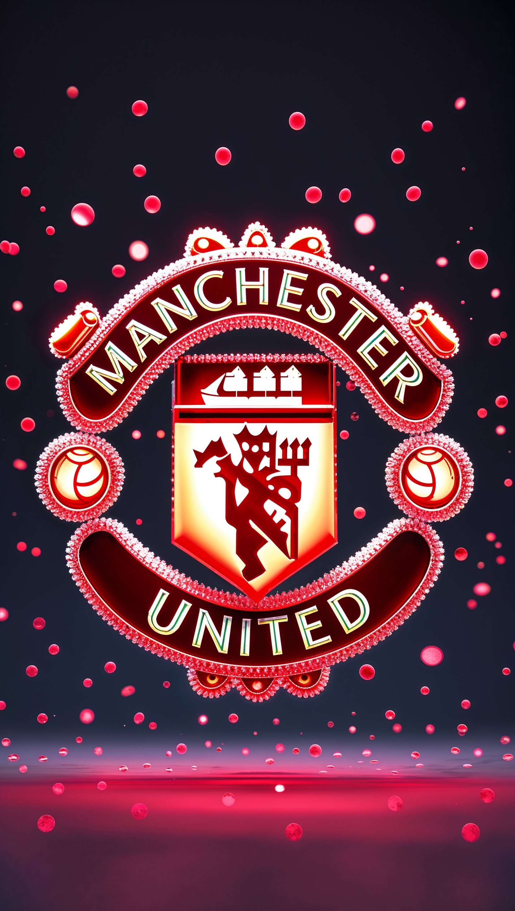 MUFC logo made of glowing red particles