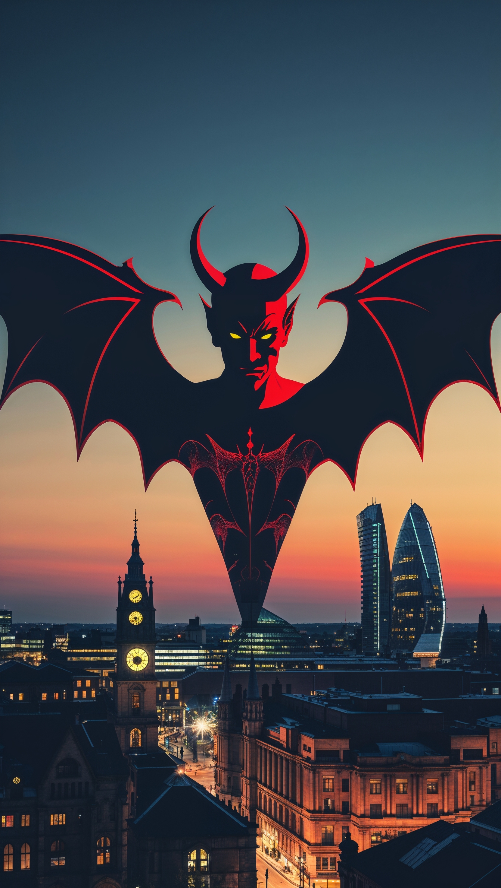Red devil silhouette over Manchester skyline