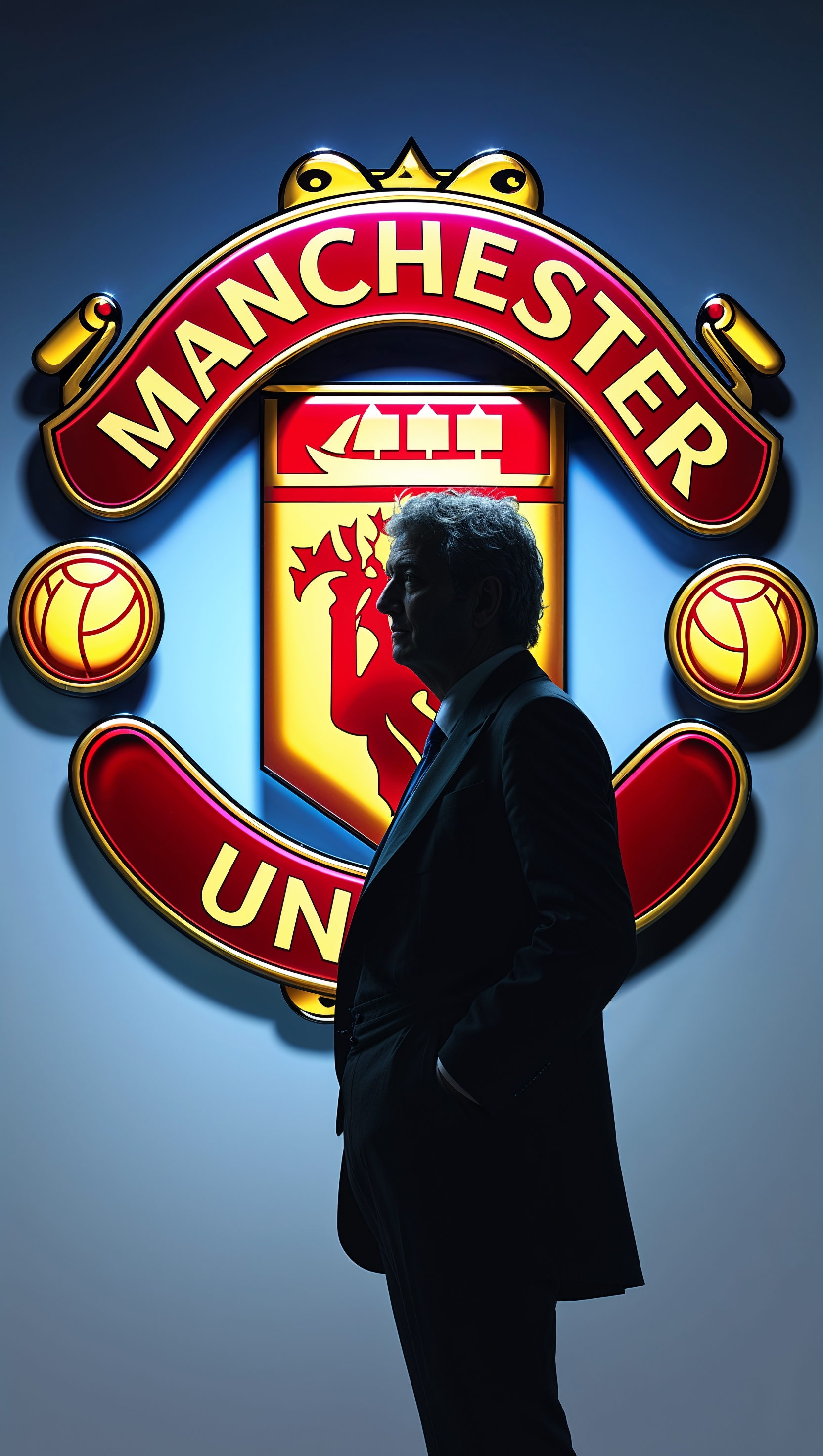Silhouette of Sir Alex Ferguson with MUFC logo behind
