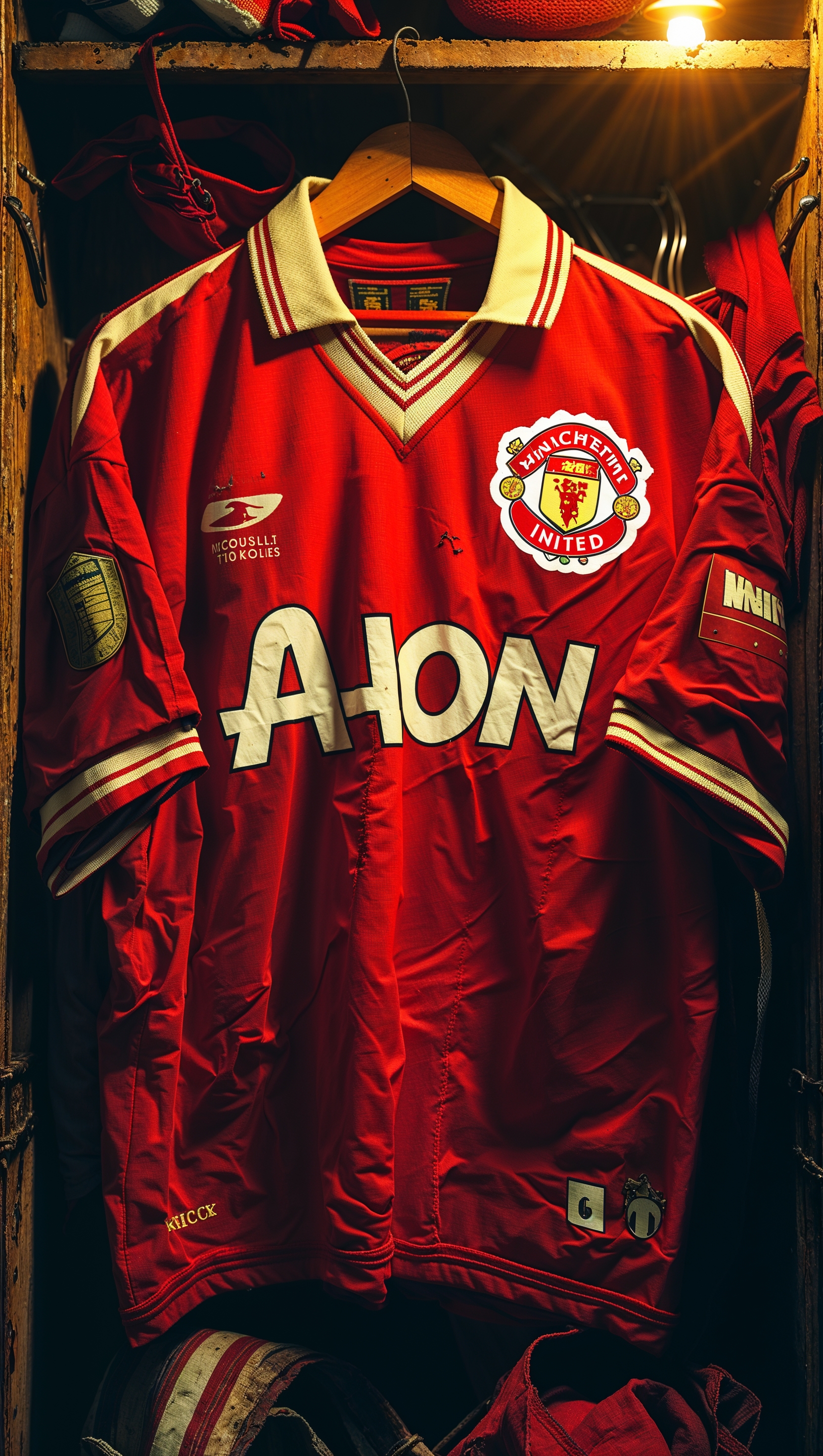 Retro MUFC kit from the 90s, hanging in locker