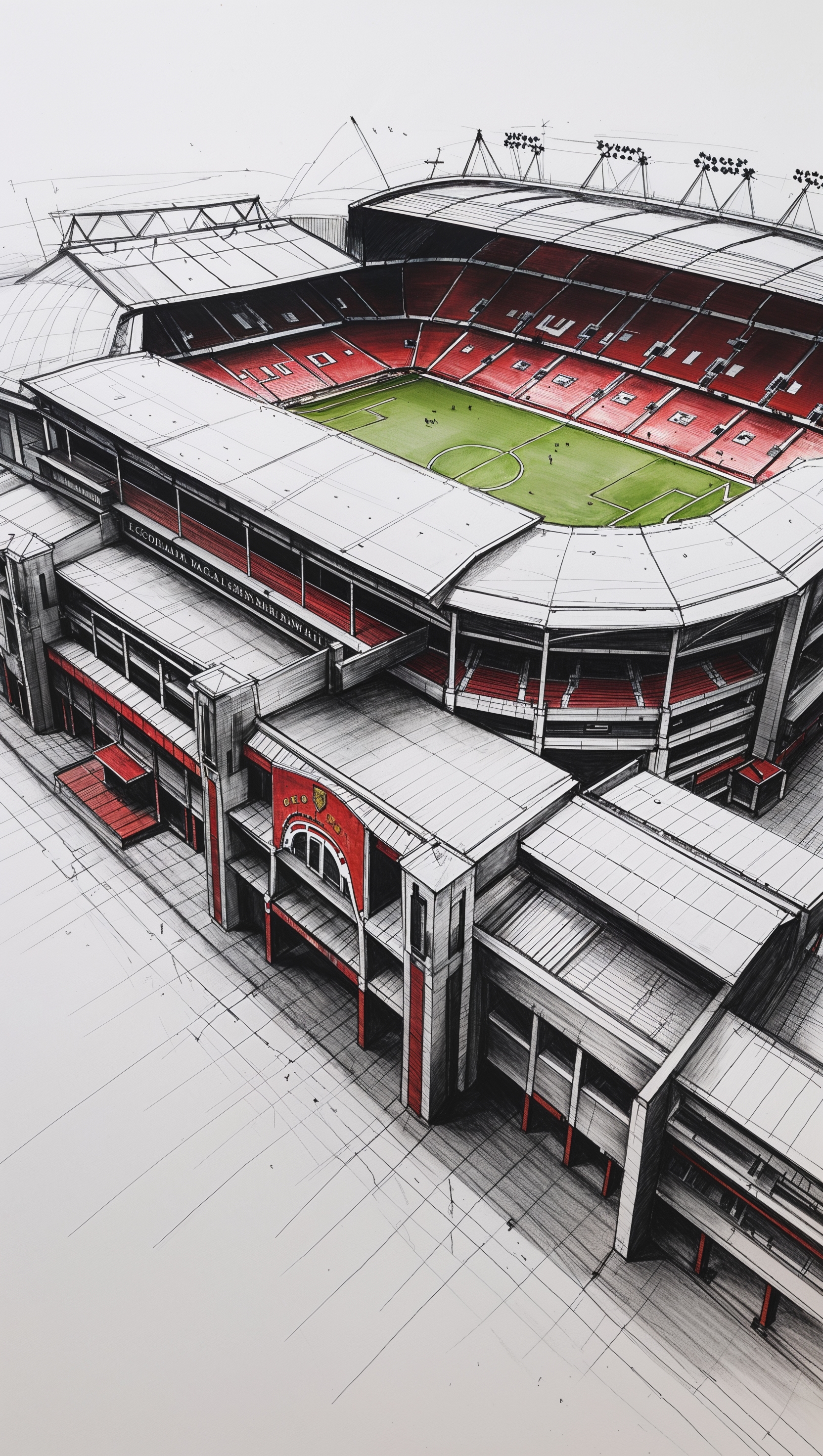 Artistic sketch of Old Trafford in pencil style
