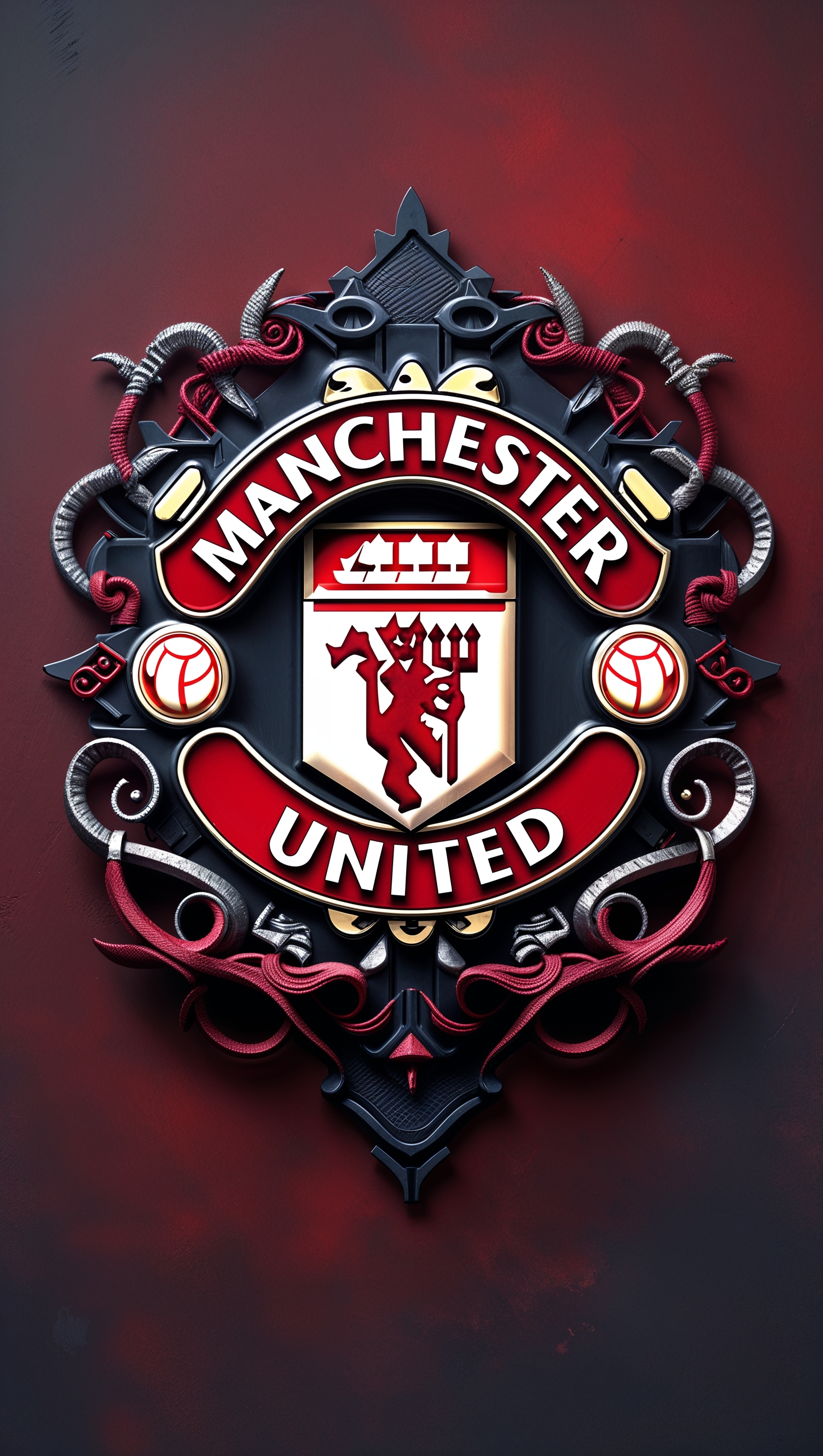 Gothic-style MUFC badge with dark red tones