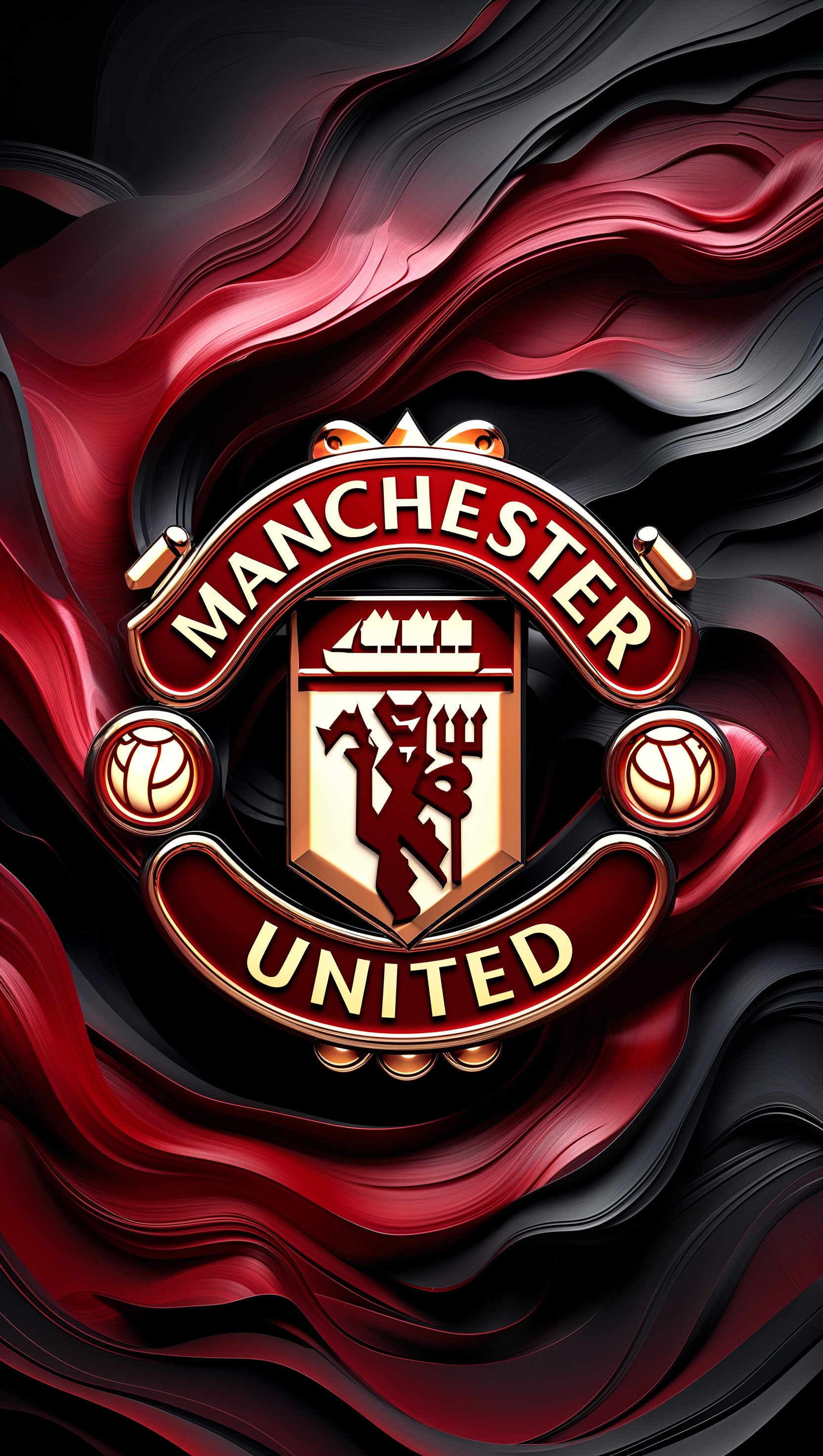 MUFC logo with a red and black smoke background, high resolution for iPhone