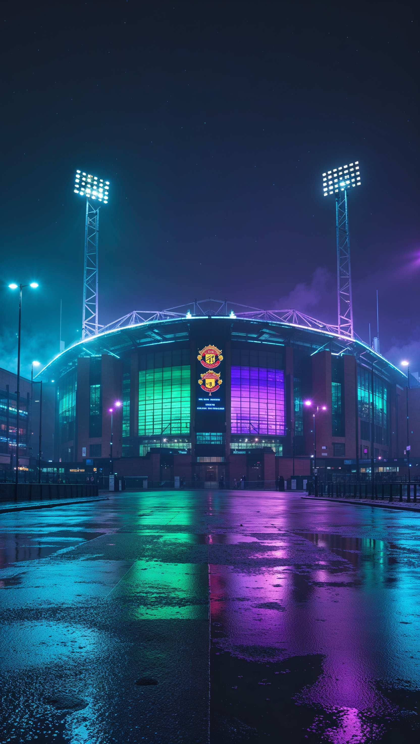 Old Trafford stadium at night, neon lights, perfect for iPhone background