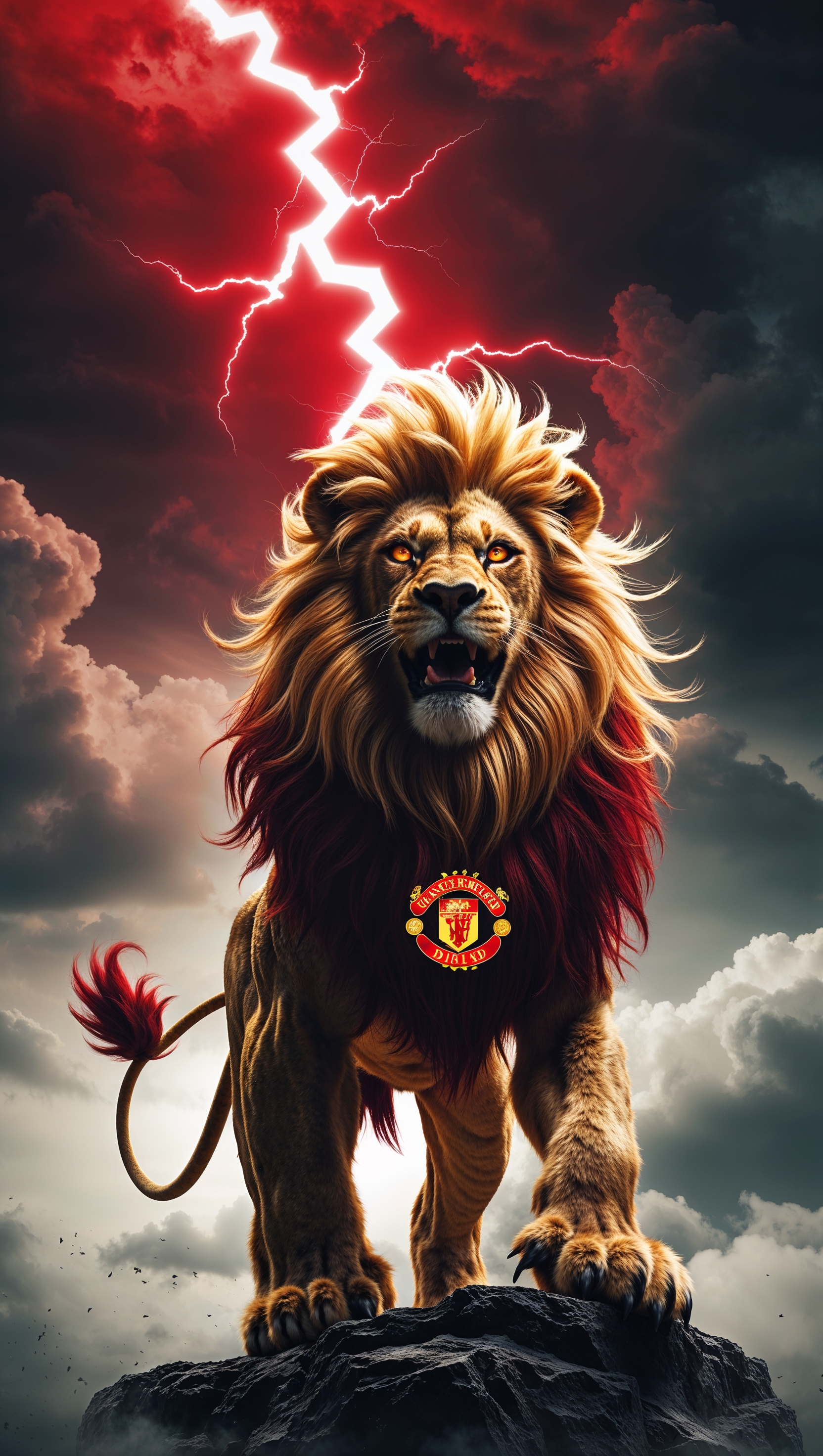 MUFC lion mascot roaring, dramatic red lightning behind