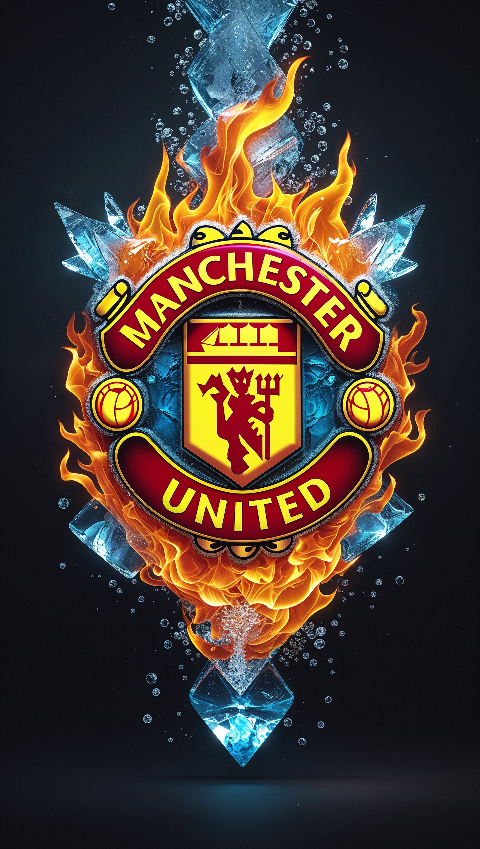 MUFC crest made of fire and ice, centered on black background