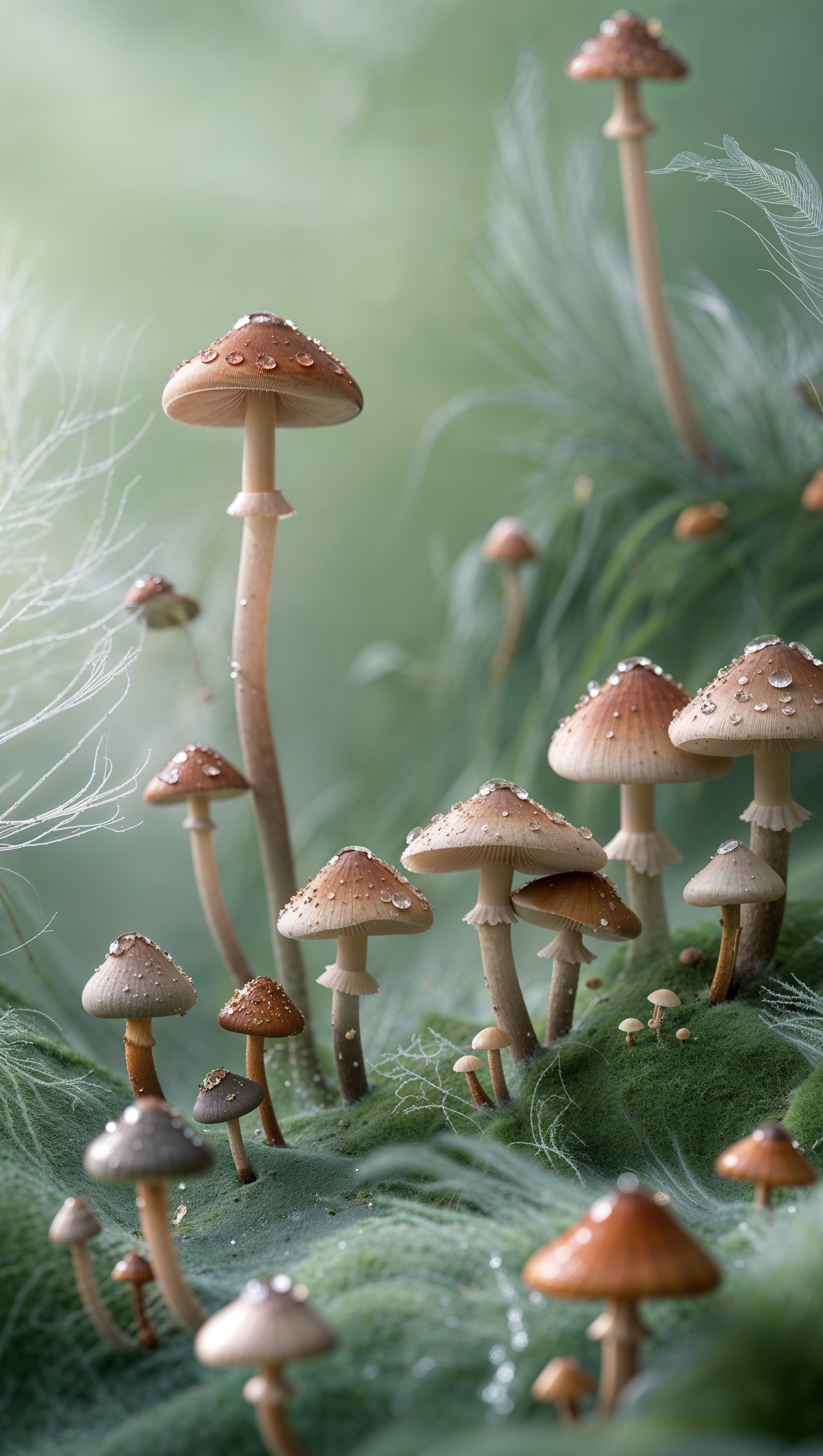 iPhone wallpaper with tiny mushrooms and dew drops