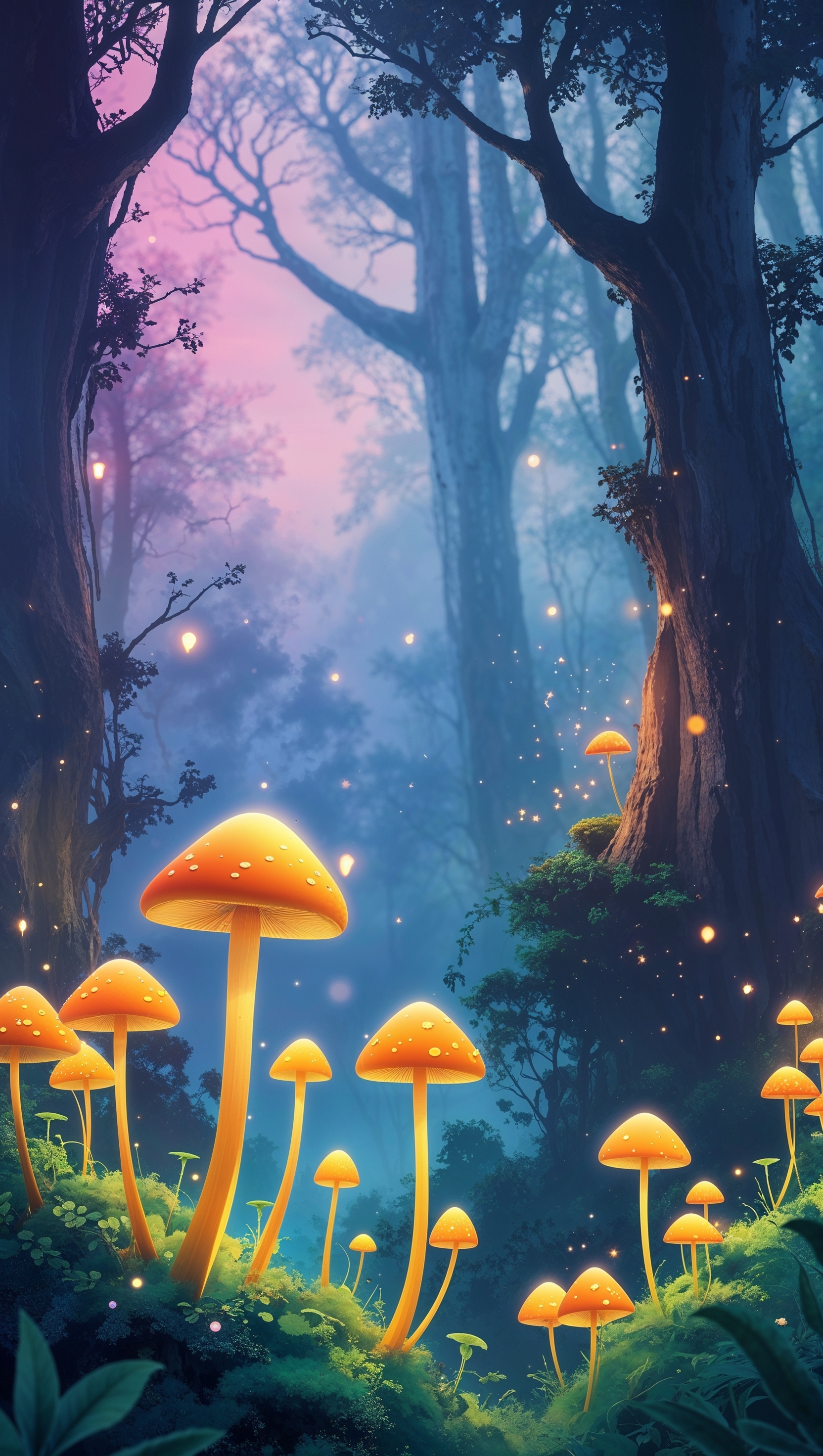 iPhone wallpaper with golden mushrooms in an enchanted forest