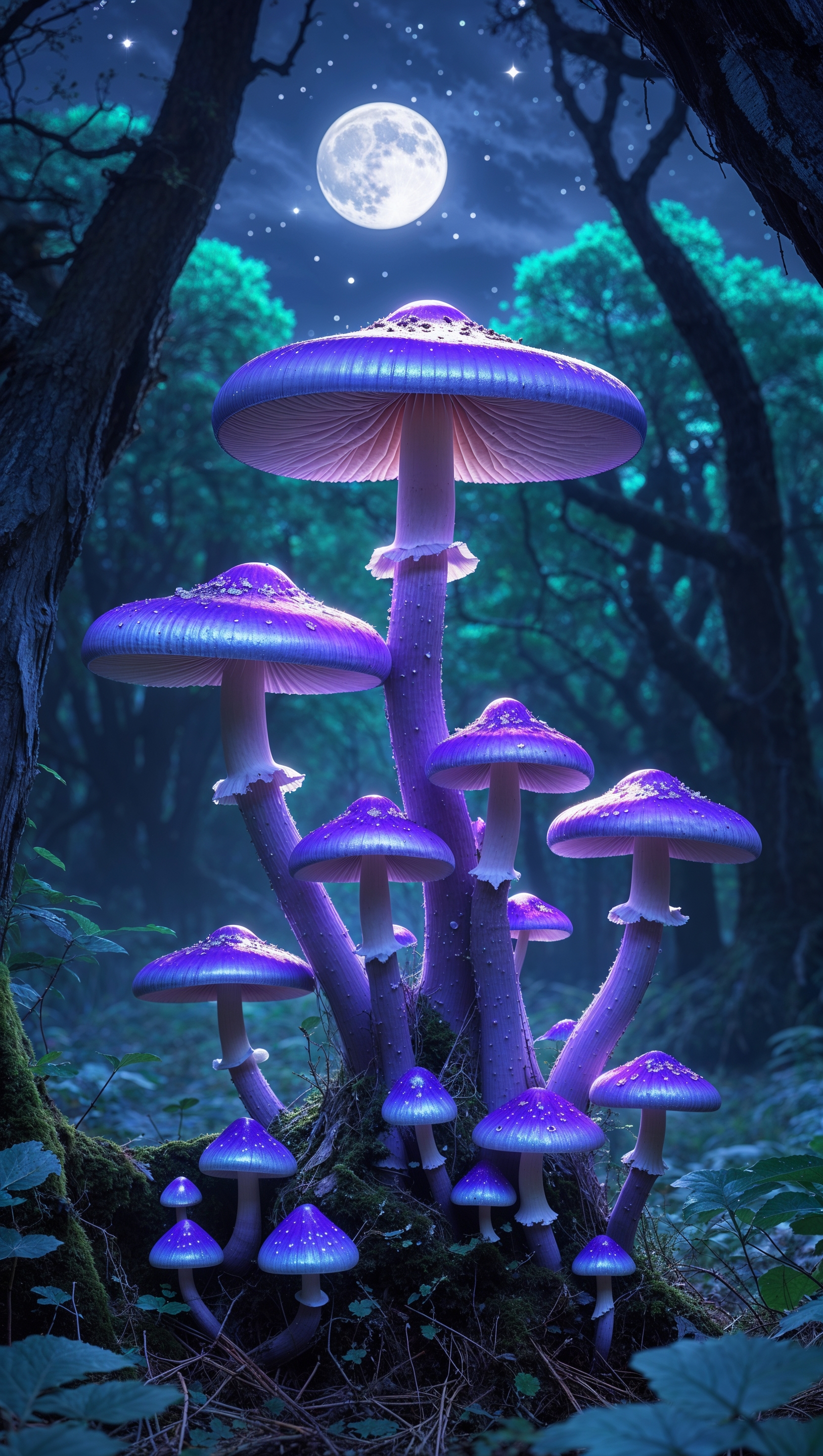 iPhone wallpaper with purple mushrooms in a night forest
