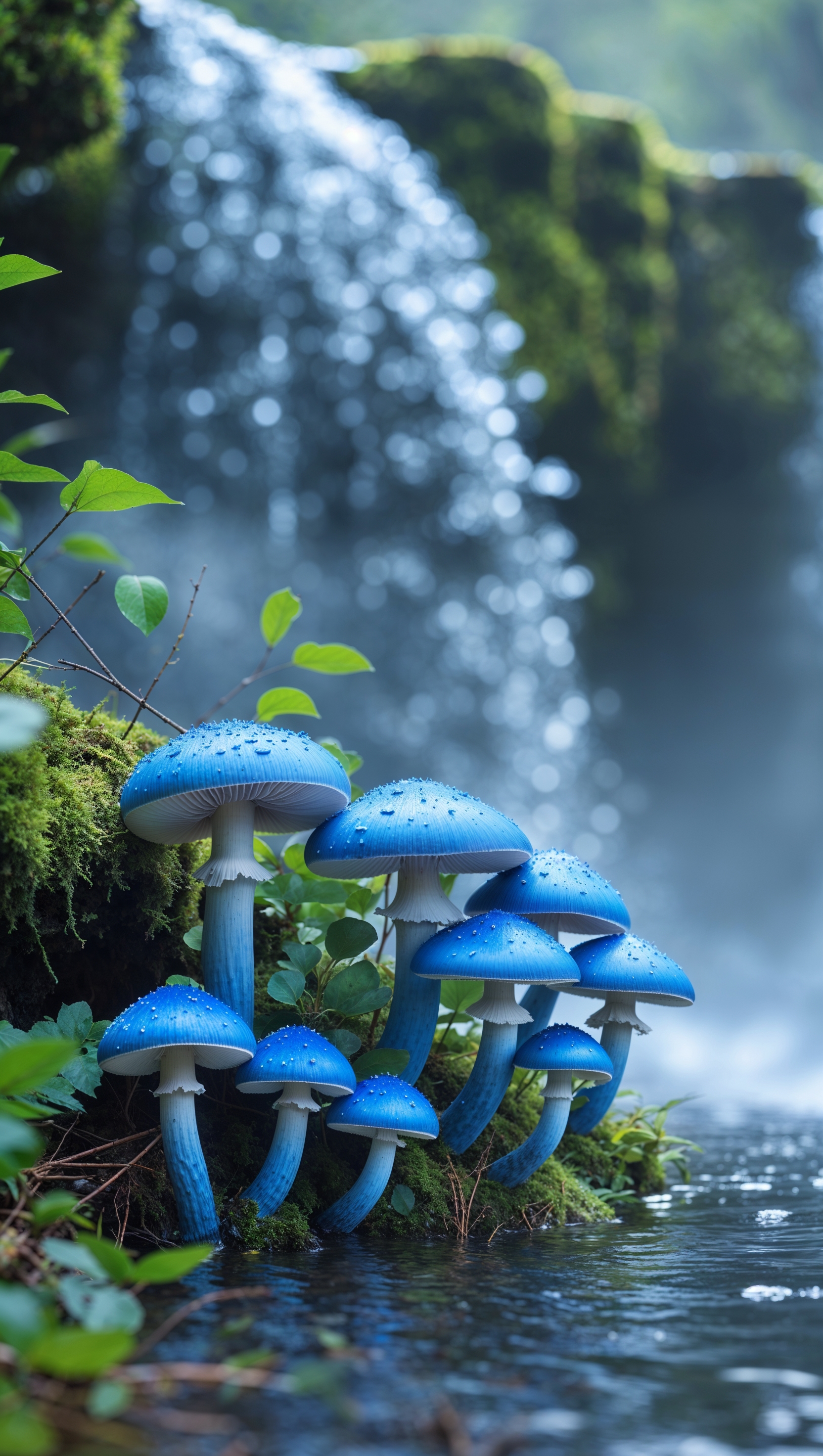 iPhone wallpaper with blue mushrooms near a waterfall