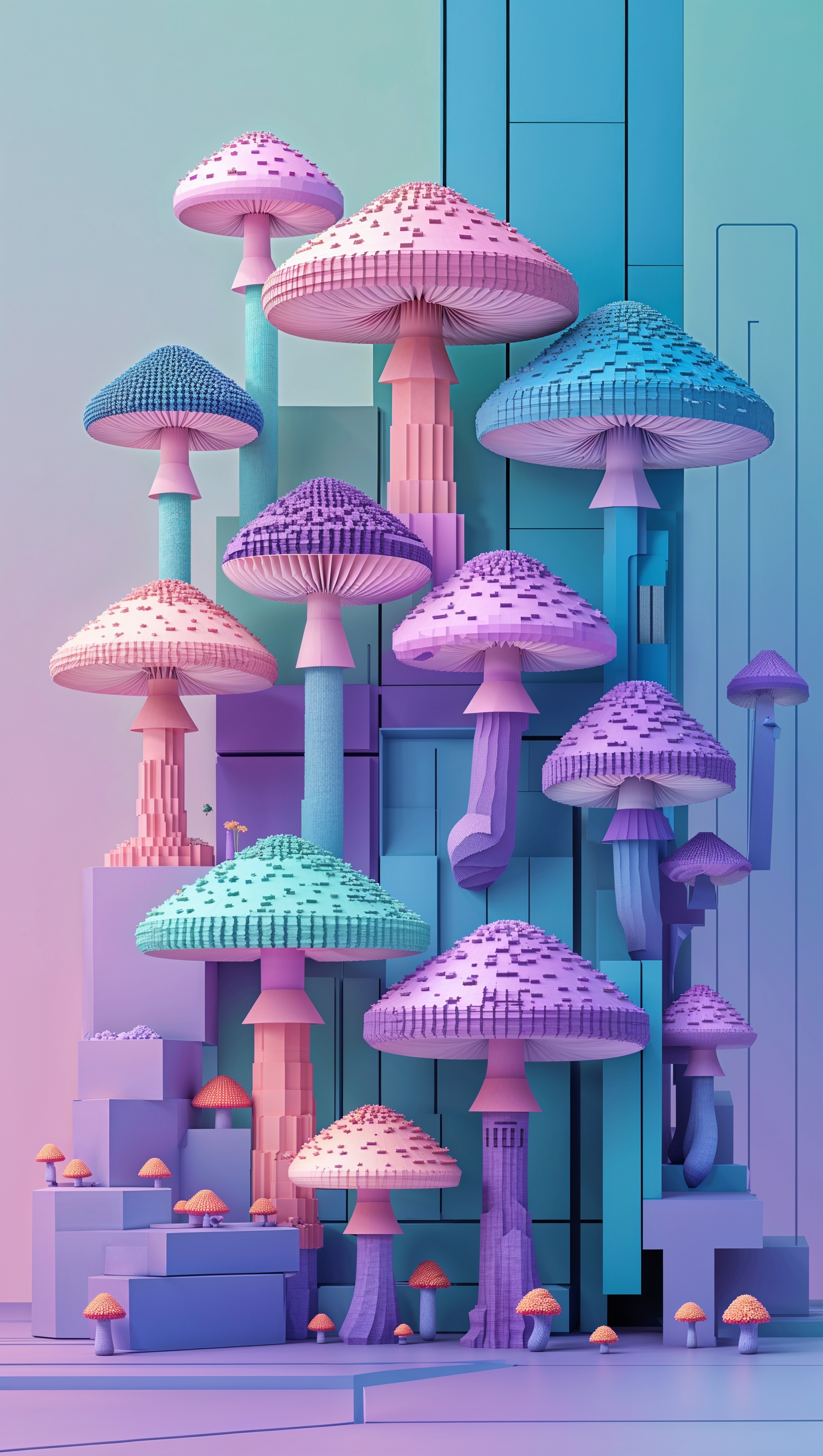 iPhone wallpaper with pixelated mushrooms and digital design