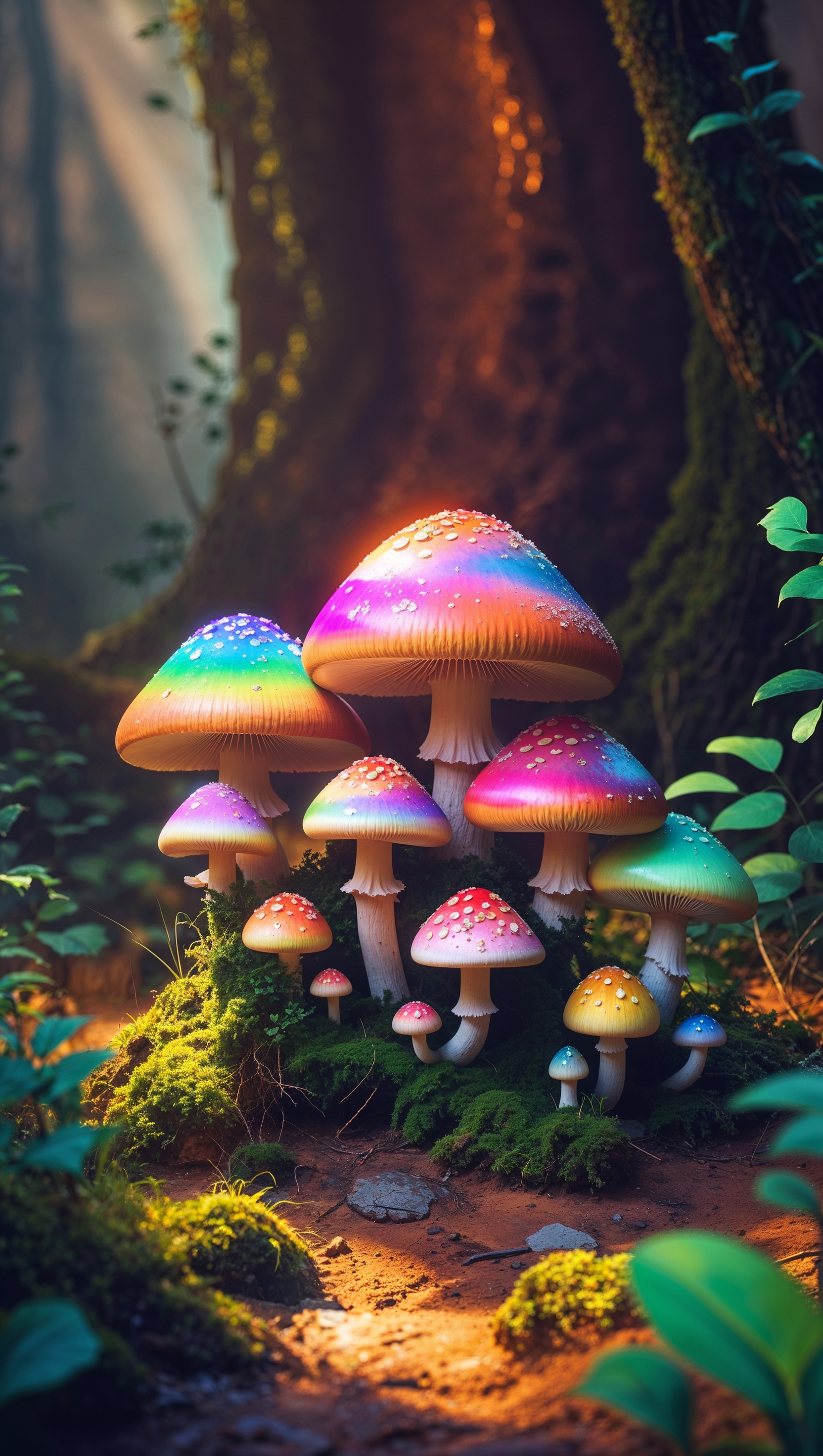 iPhone wallpaper with rainbow-colored mushrooms and chiaroscuro