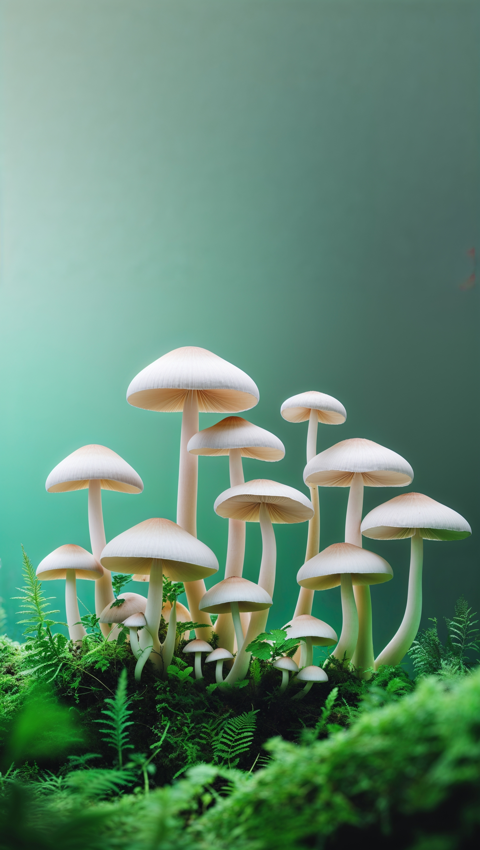 iPhone wallpaper with white mushrooms on a green forest background