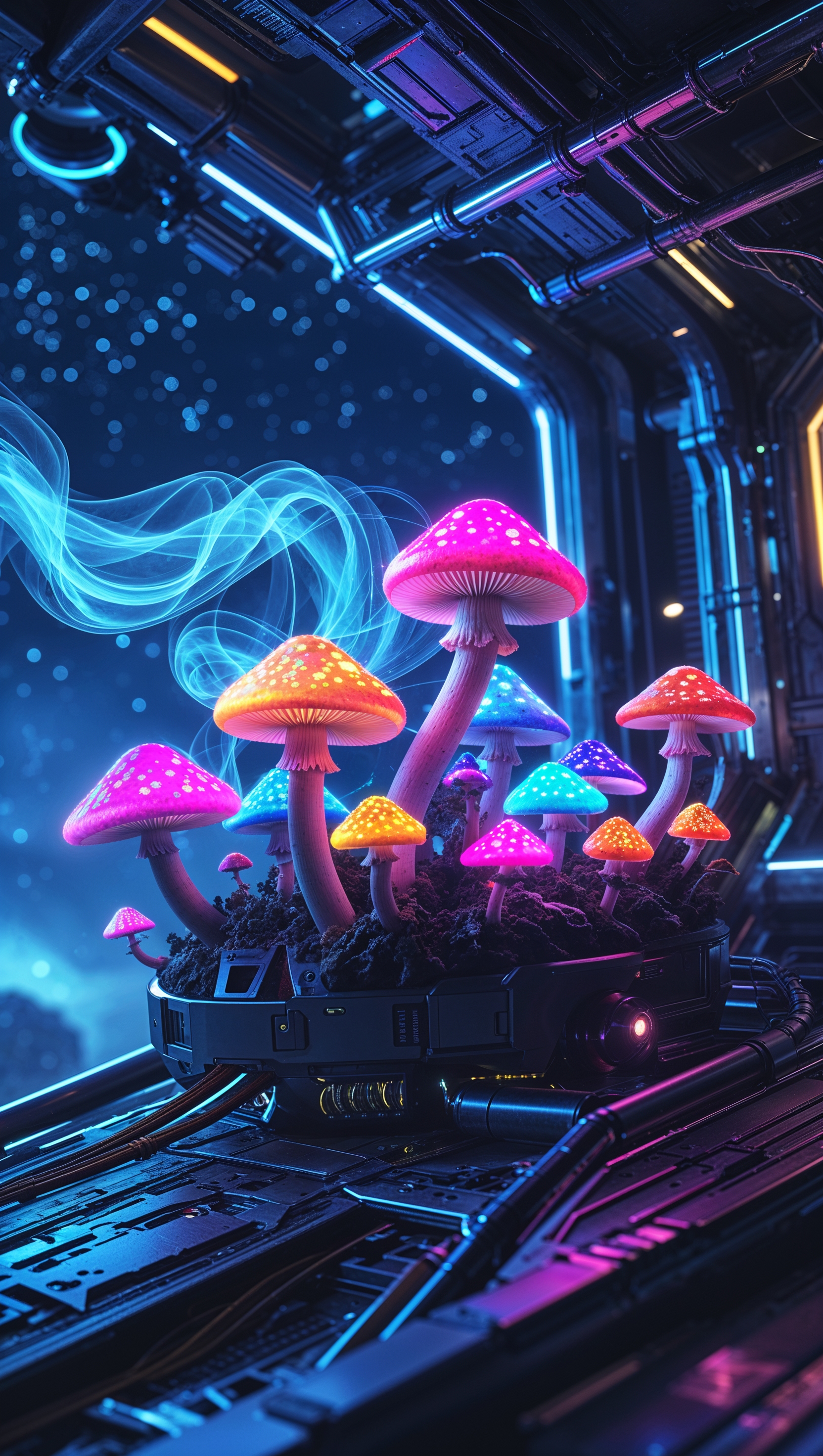 iPhone wallpaper with neon mushrooms in cyberpunk space